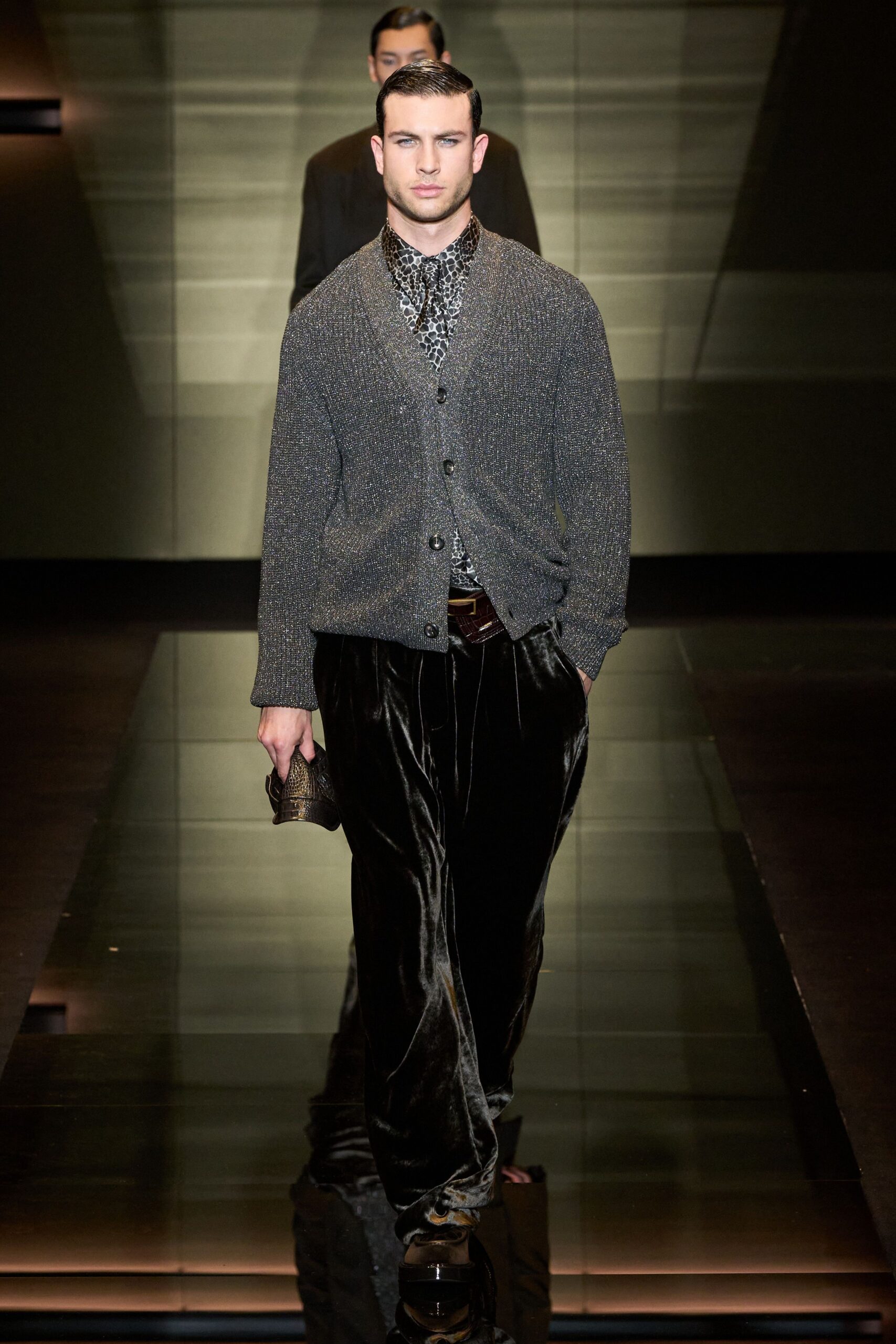 gray cardigan black shirt velvet pants