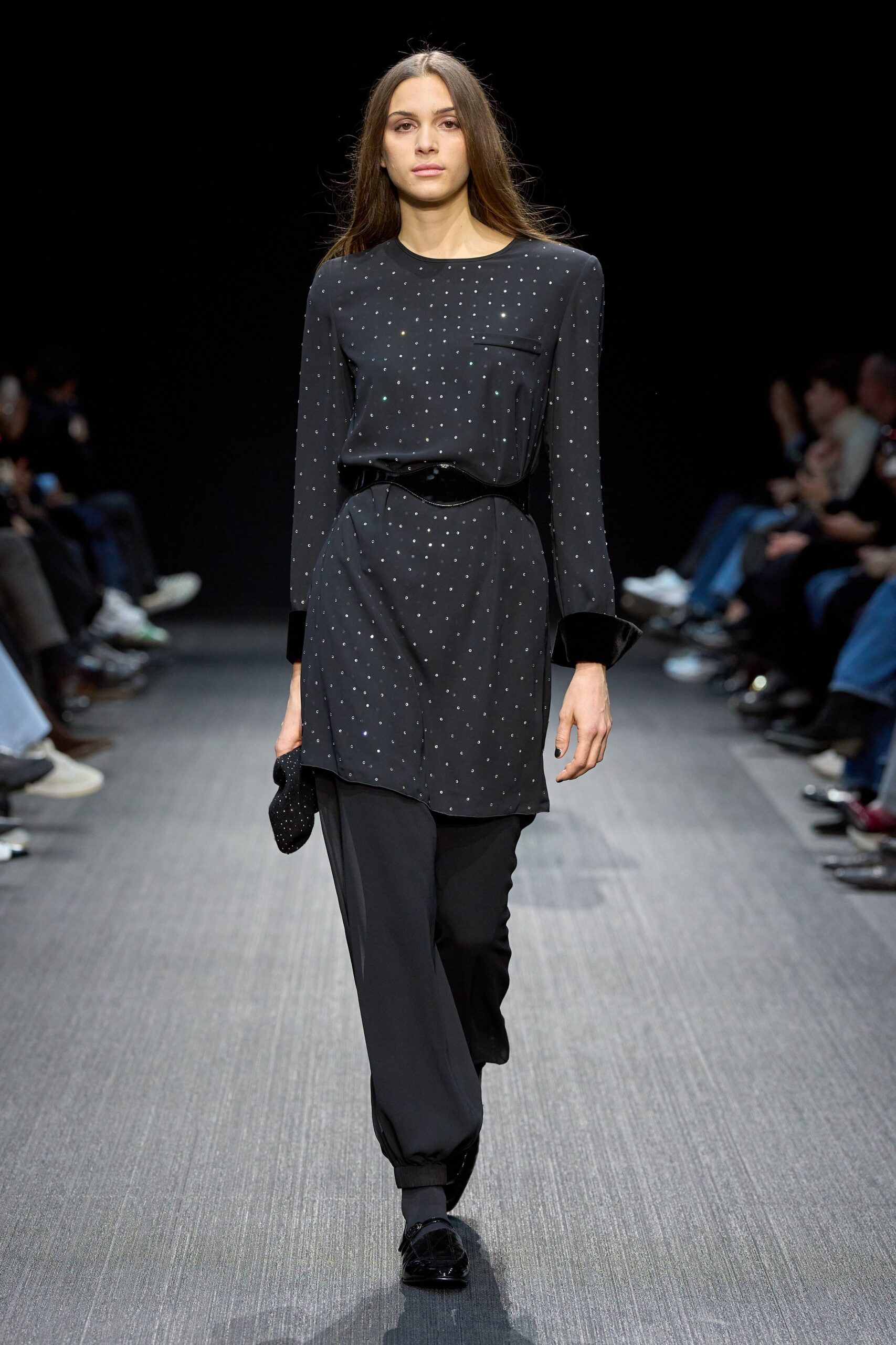 black silk long-sleeve collared fitted buttoned embellished top