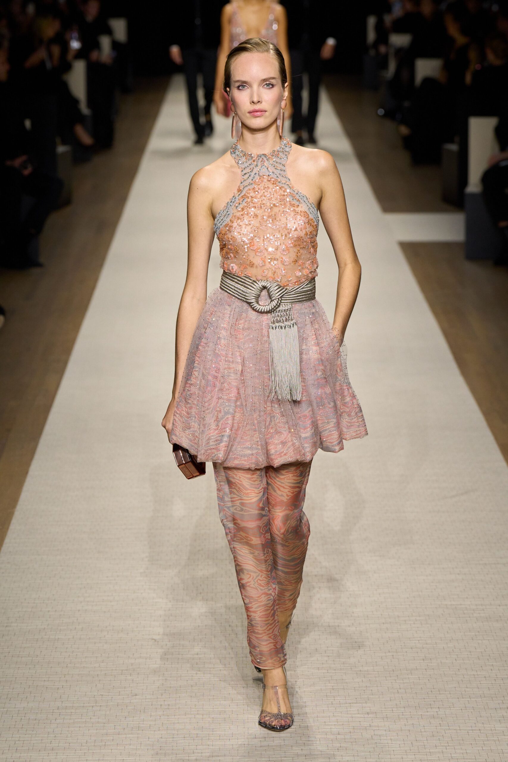 pink silk sleeveless high-neck fitted pleated embroidered dress