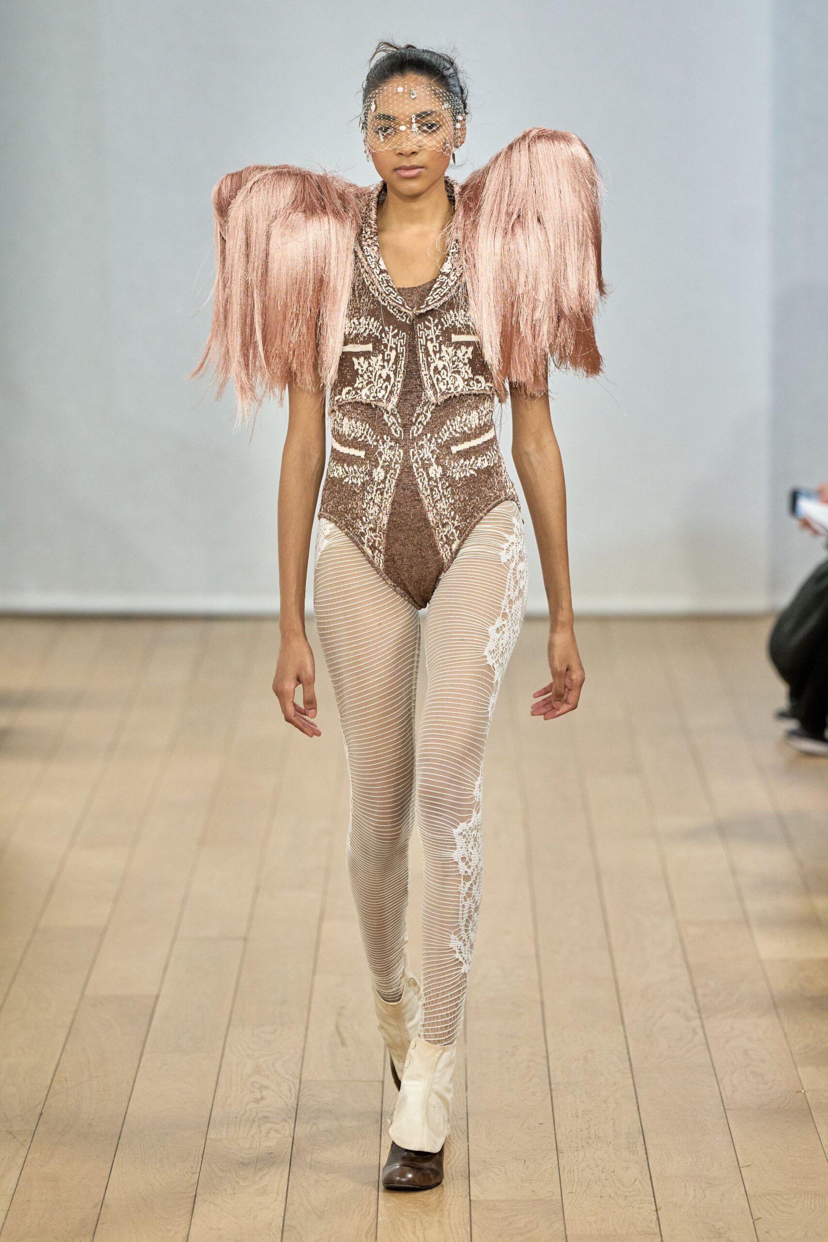 brown lace bodysuit with pink fringes