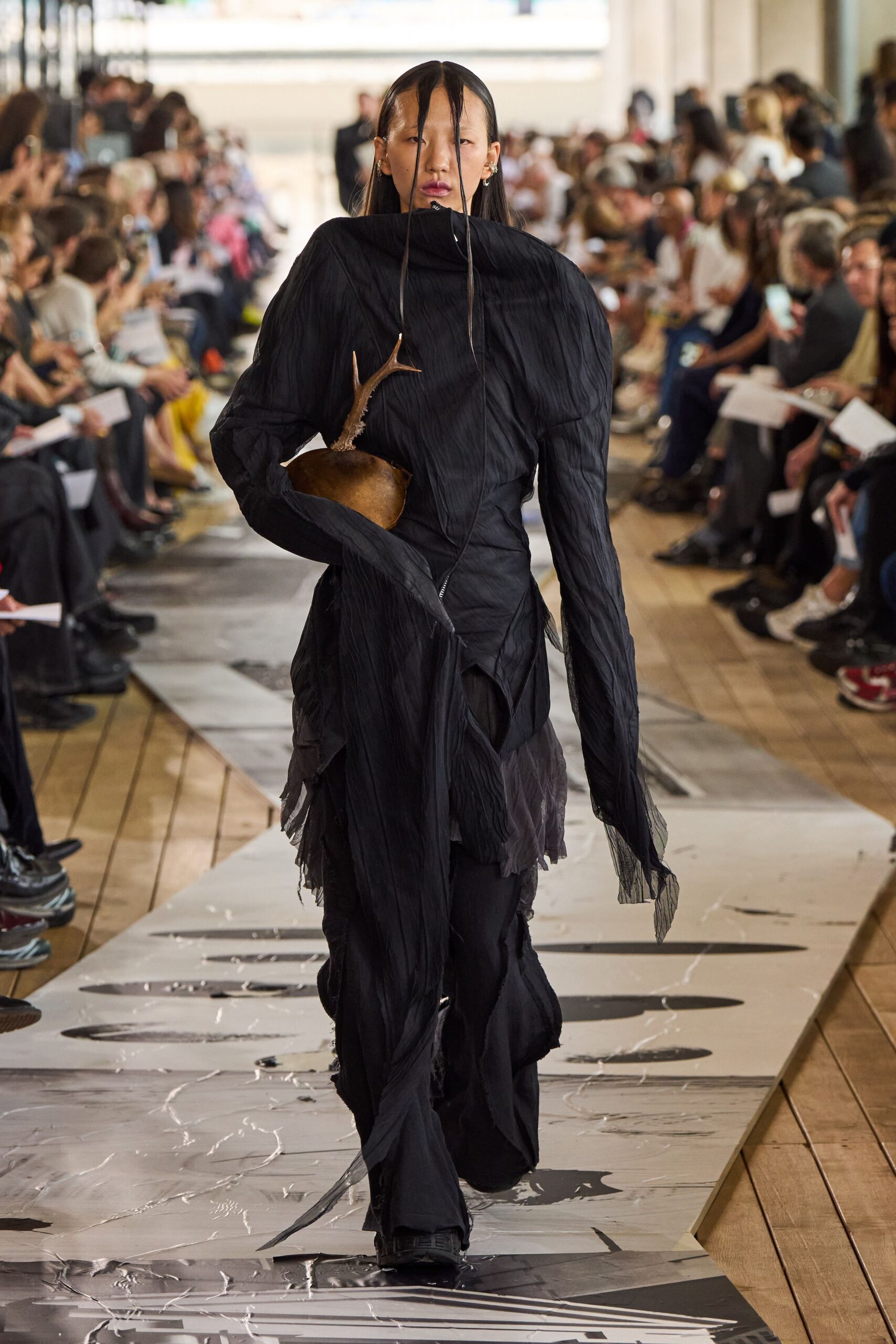 black silk long-sleeve v-neck fitted pleated draped dress