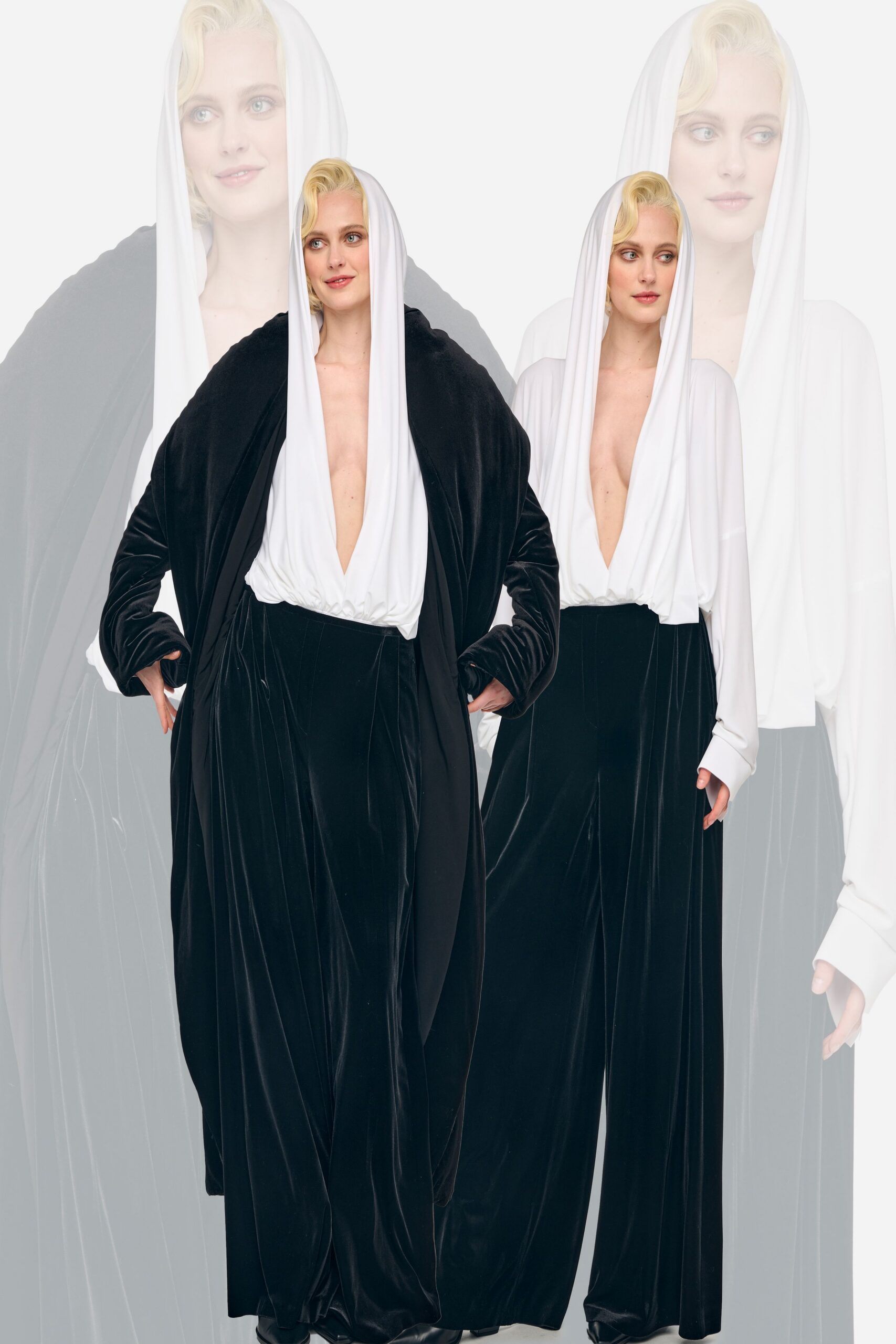 black and white velvet jumpsuit and coat