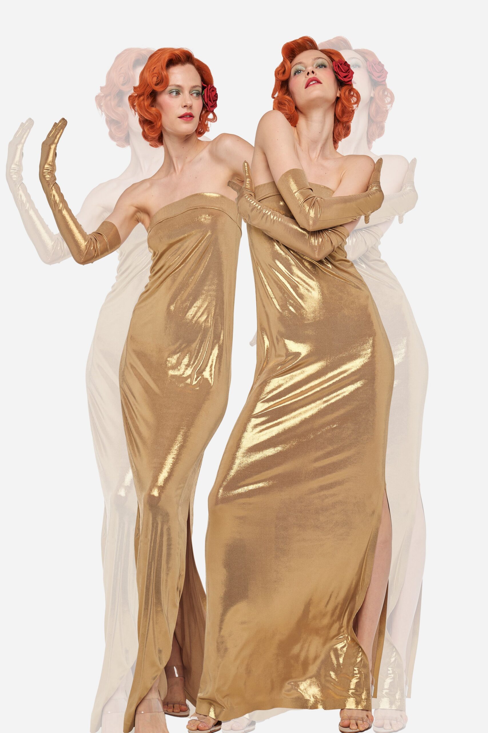 gold satin strapless slit fitted draped shiny gown