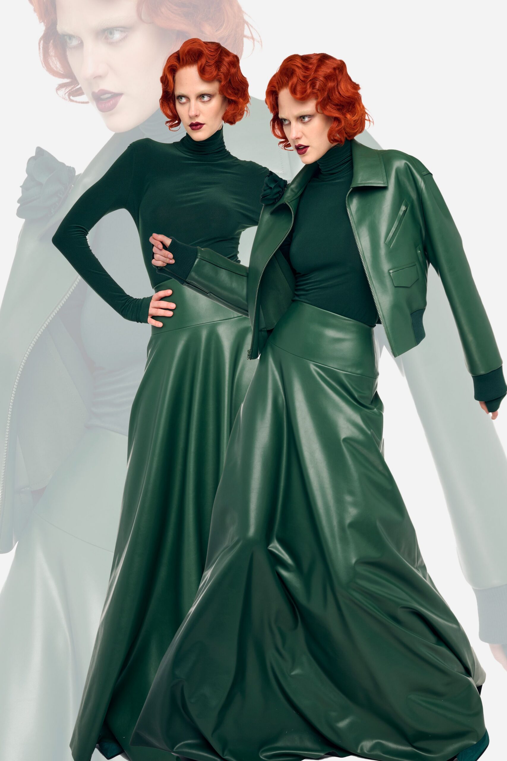 green leather fitted flared maxi skirt