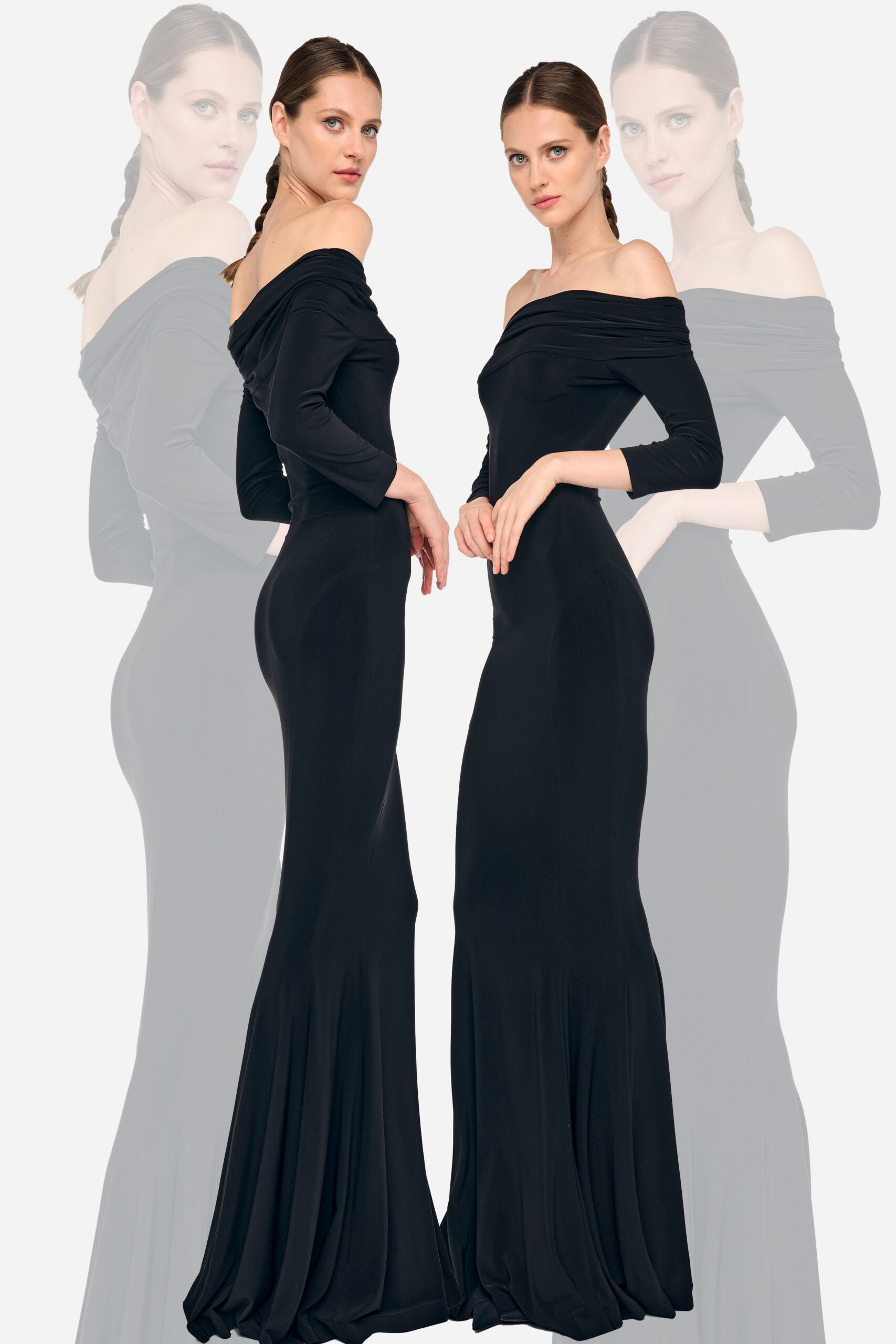 black off-shoulder fitted gown