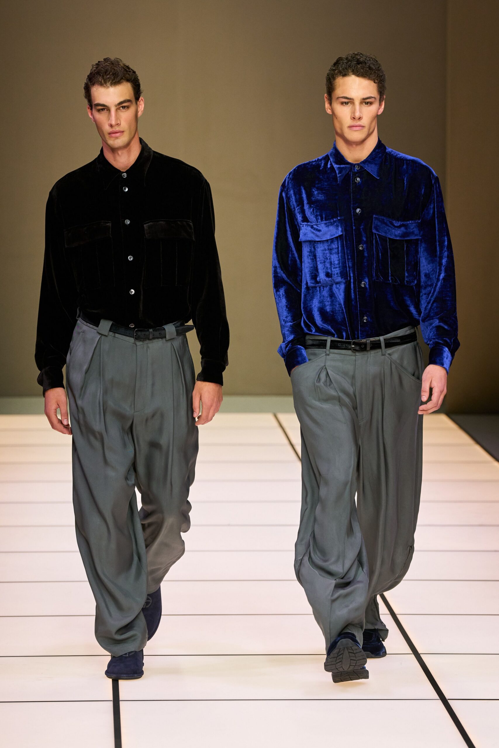 velvet shirts and gray pants