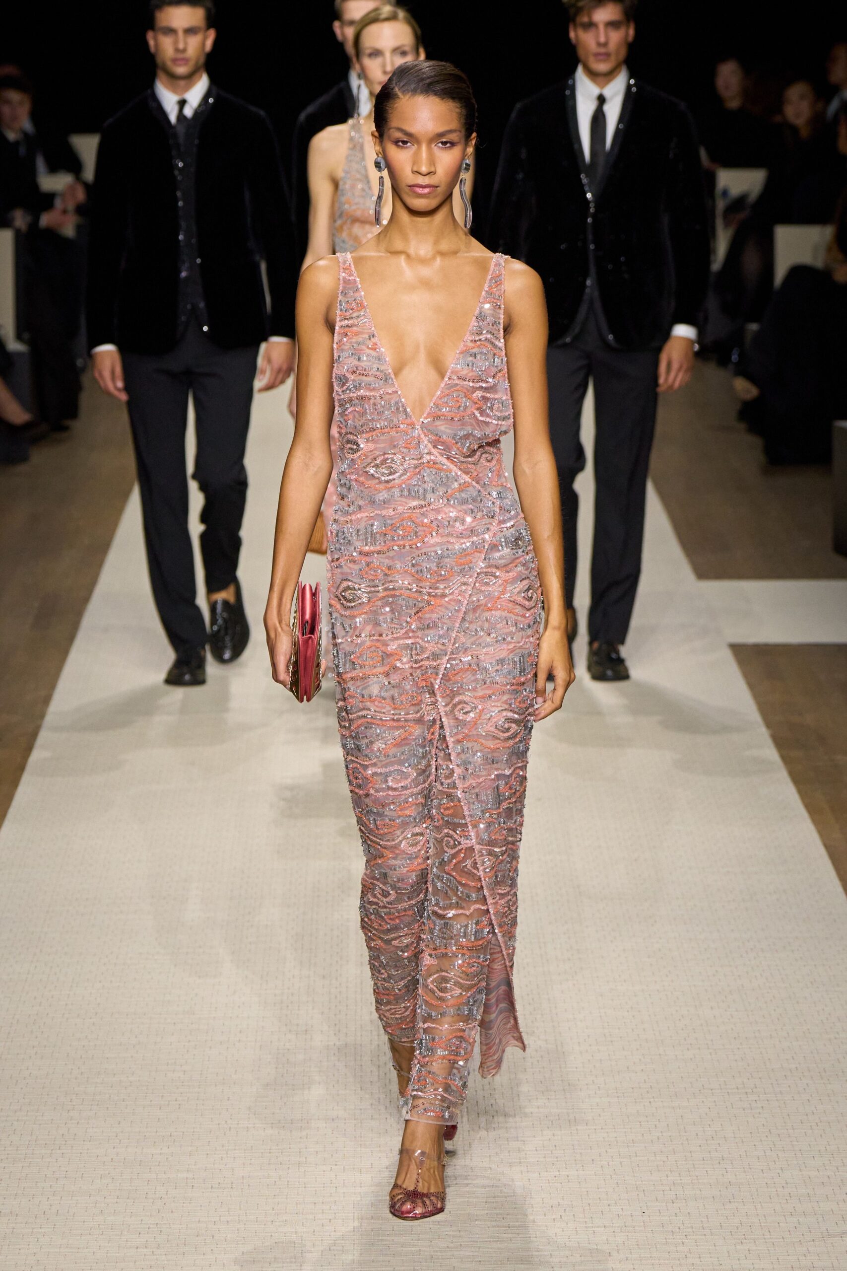 pink silk sleeveless v-neck fitted beaded draped gown