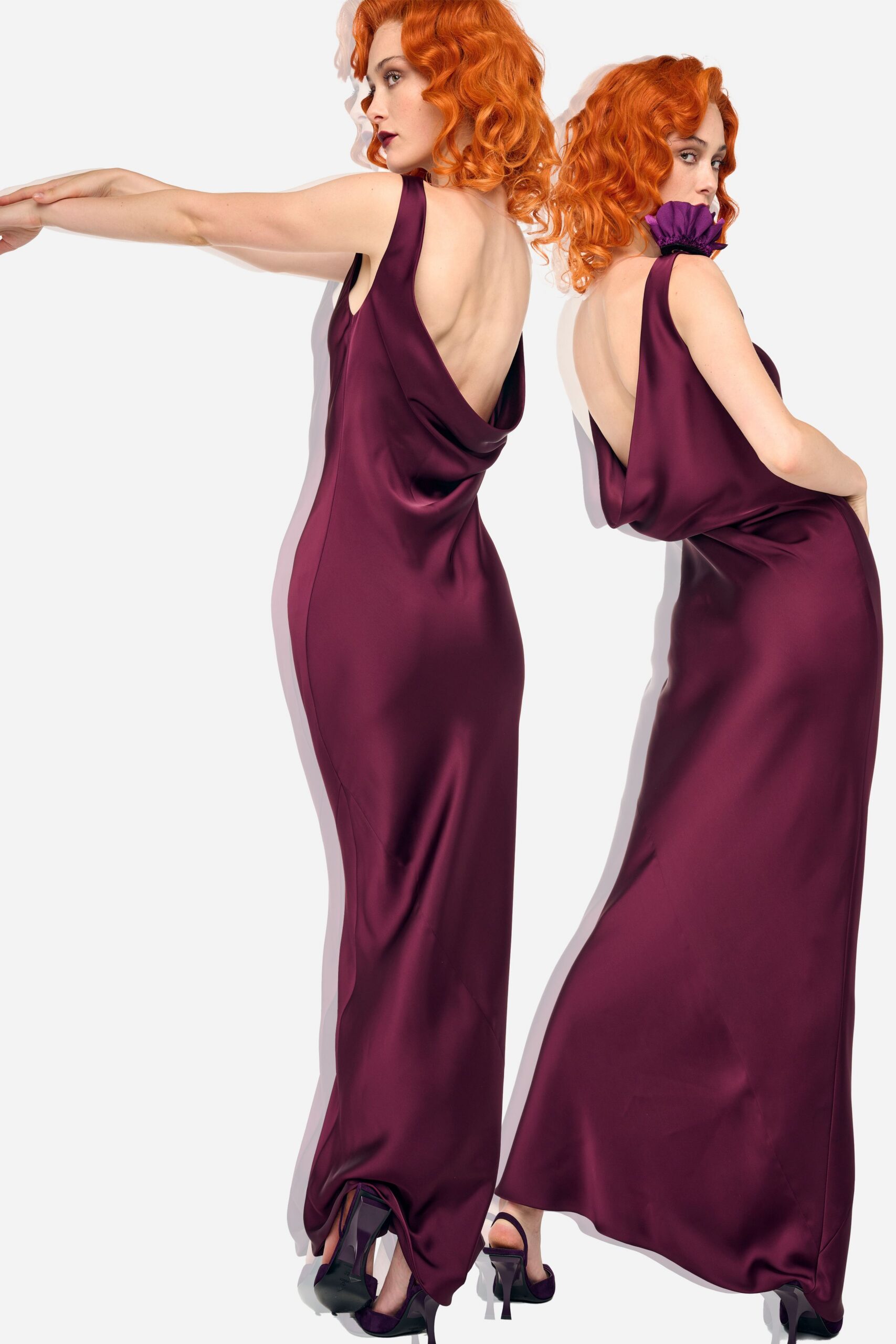 purple satin backless gown