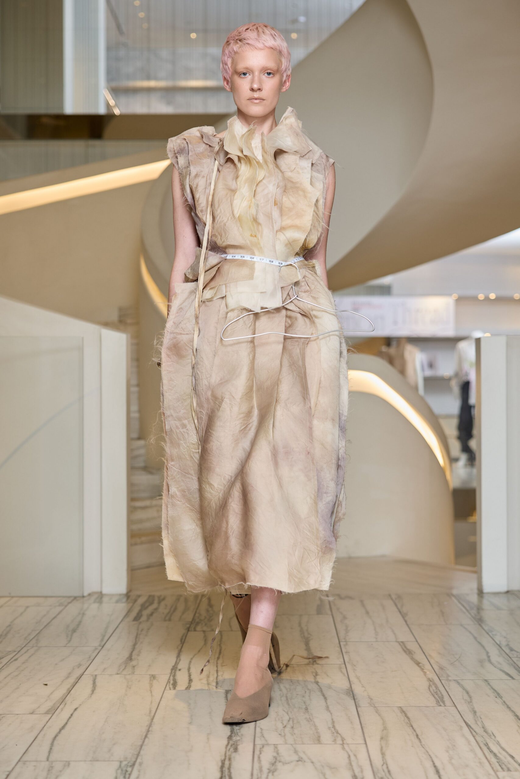 beige silk sleeveless v-neck relaxed ruffled draped dress