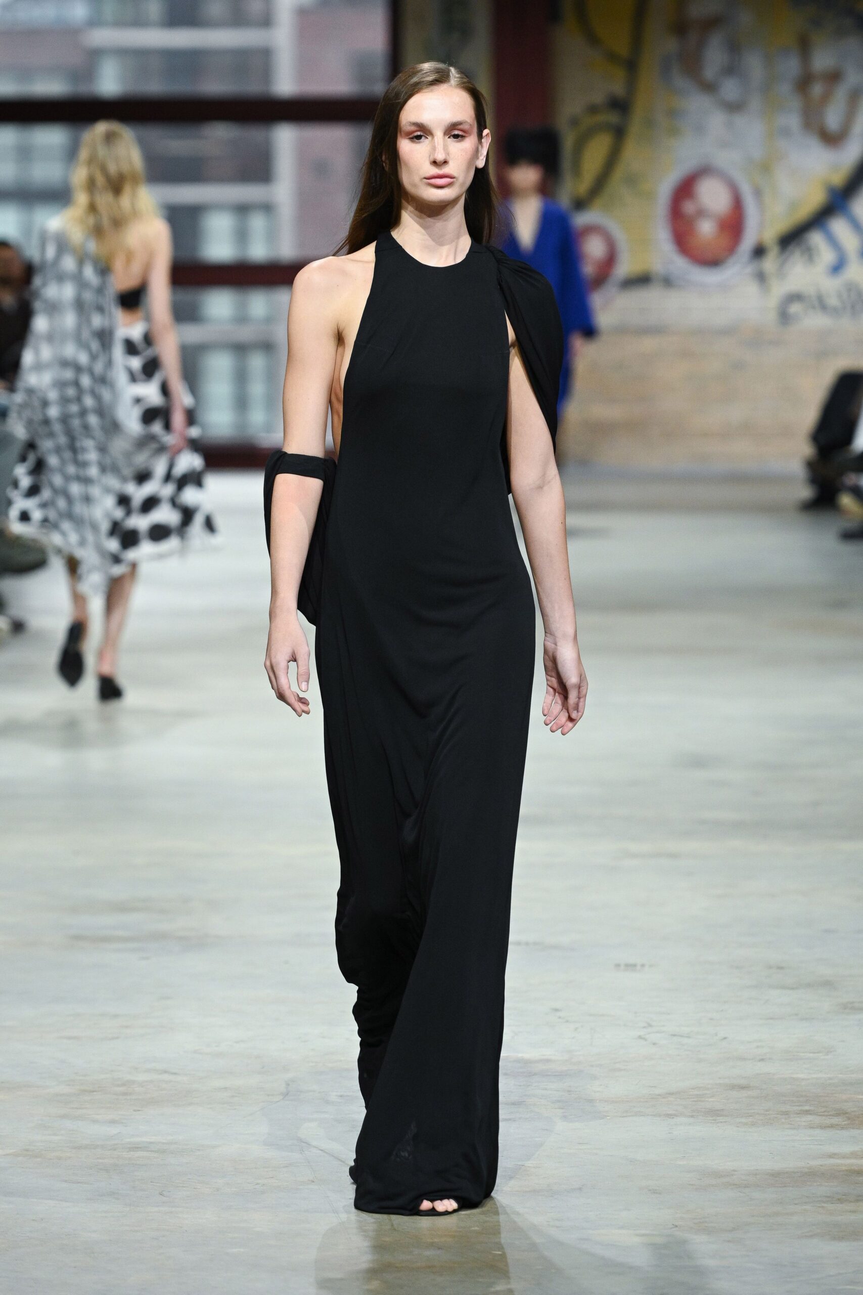 black silk sleeveless high-neck fitted draped maxi gown