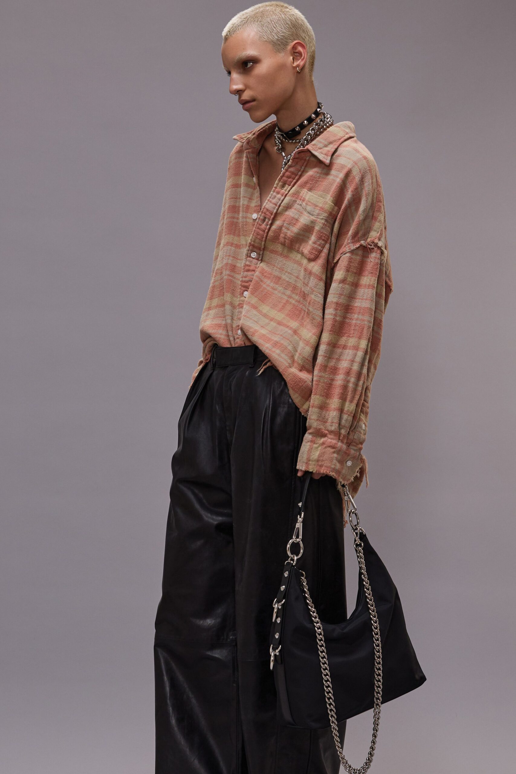 relaxed checked shirt with leather pants