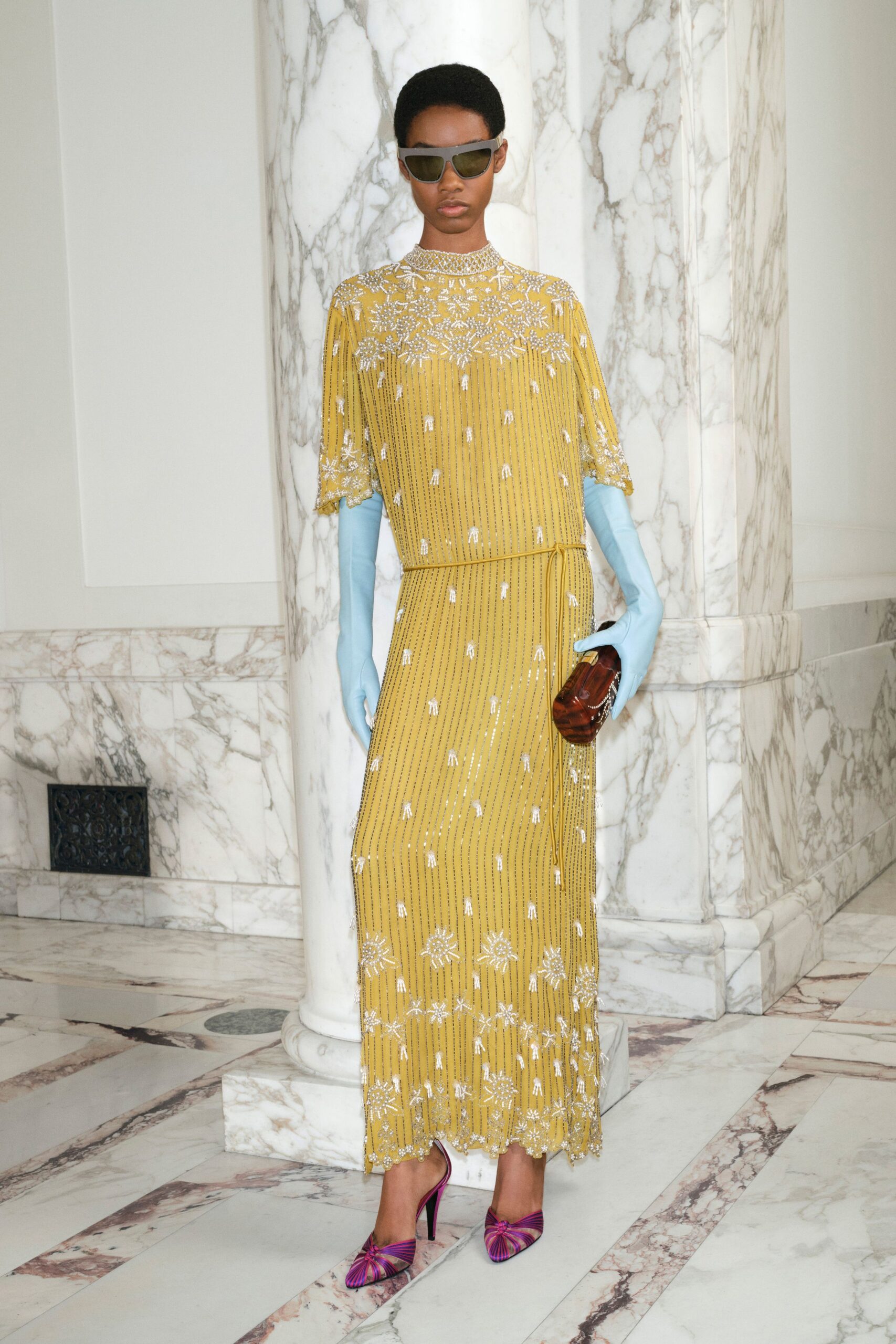 yellow silk short-sleeve high-neck fitted pleated embroidered dress
