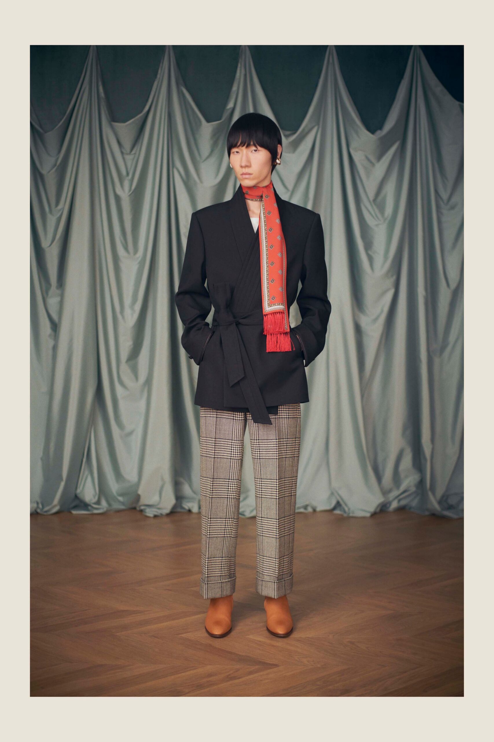 black tailored blazer with checked pants