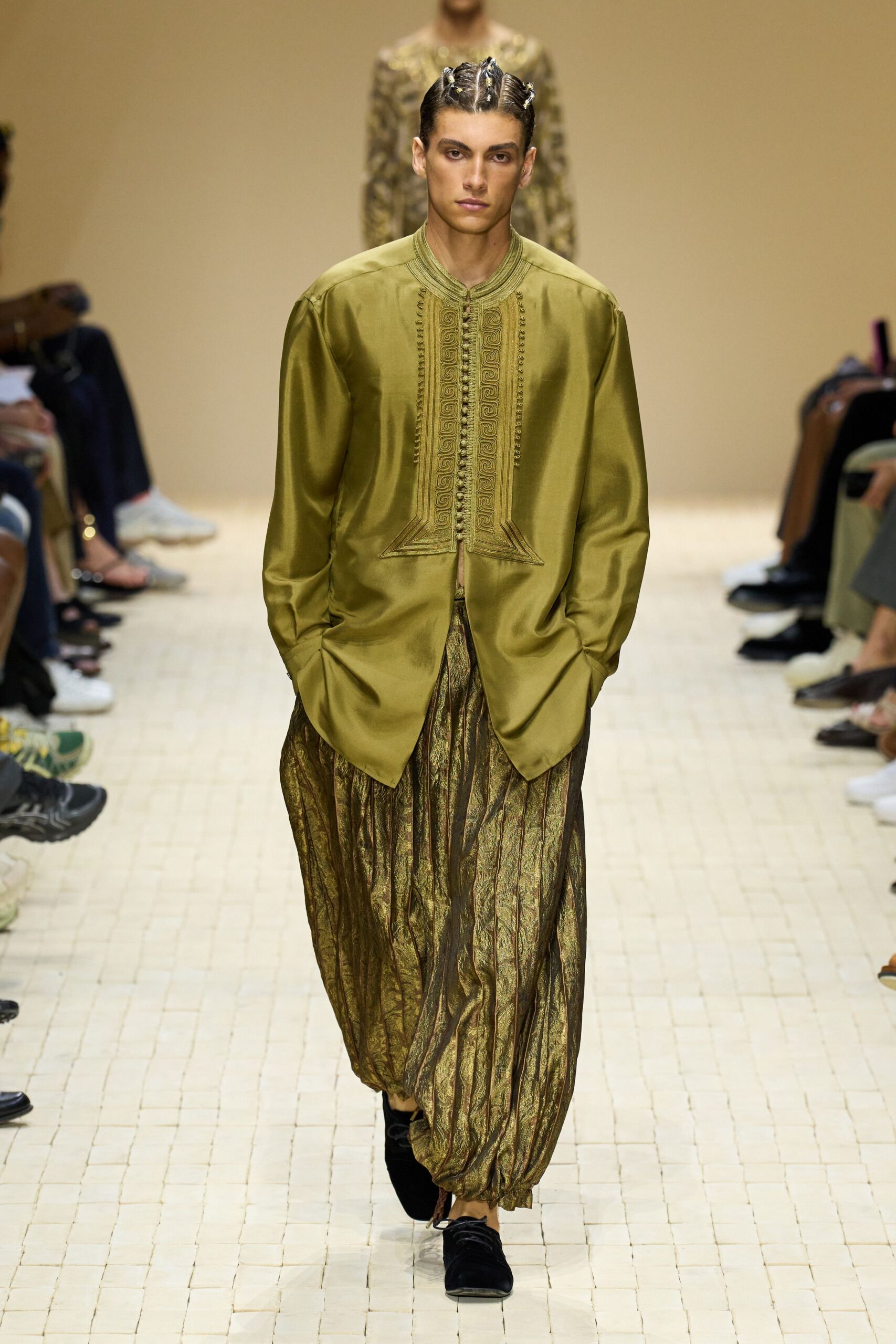 gold silk fitted pleated pants
