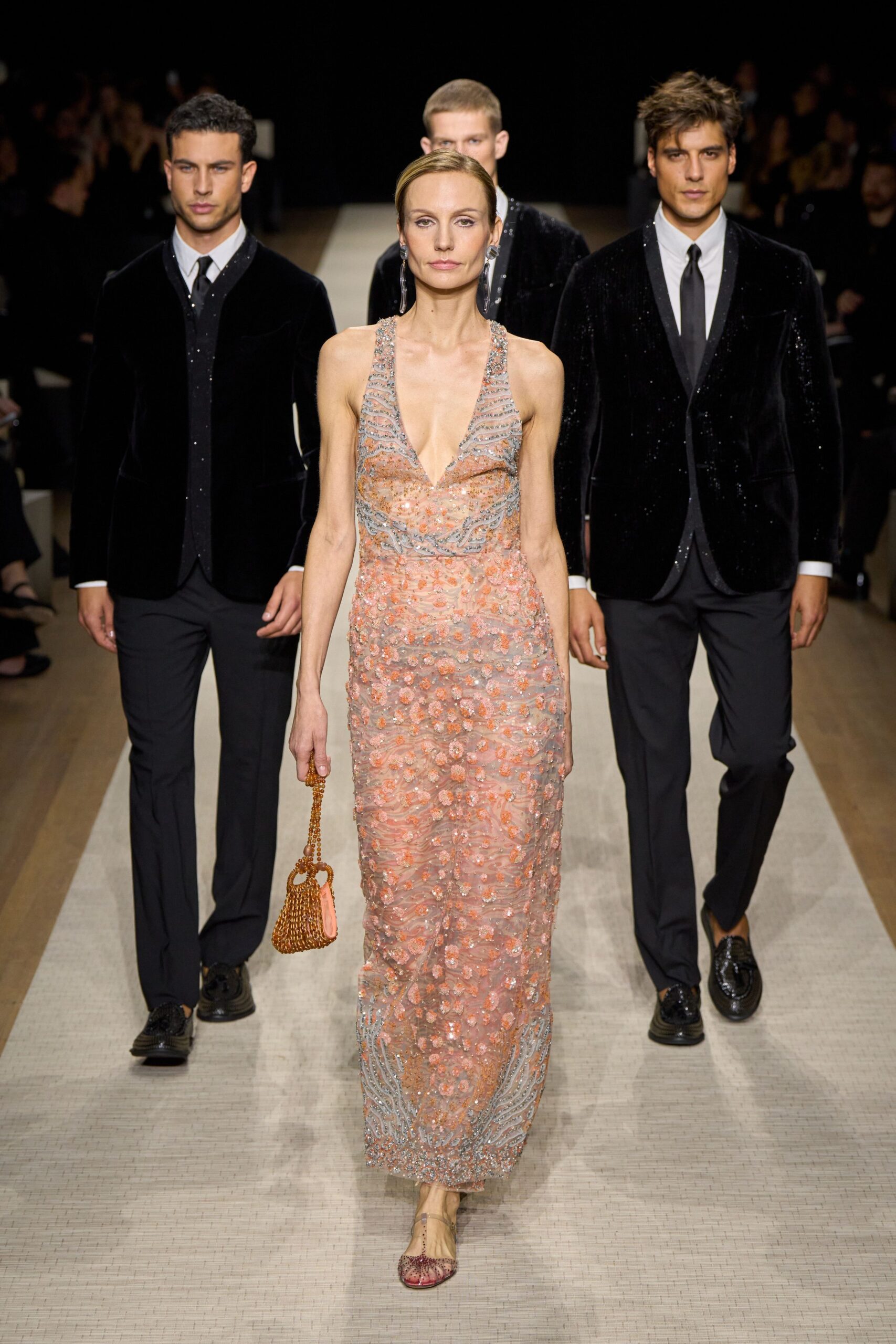 pink embroidered gown with accessories