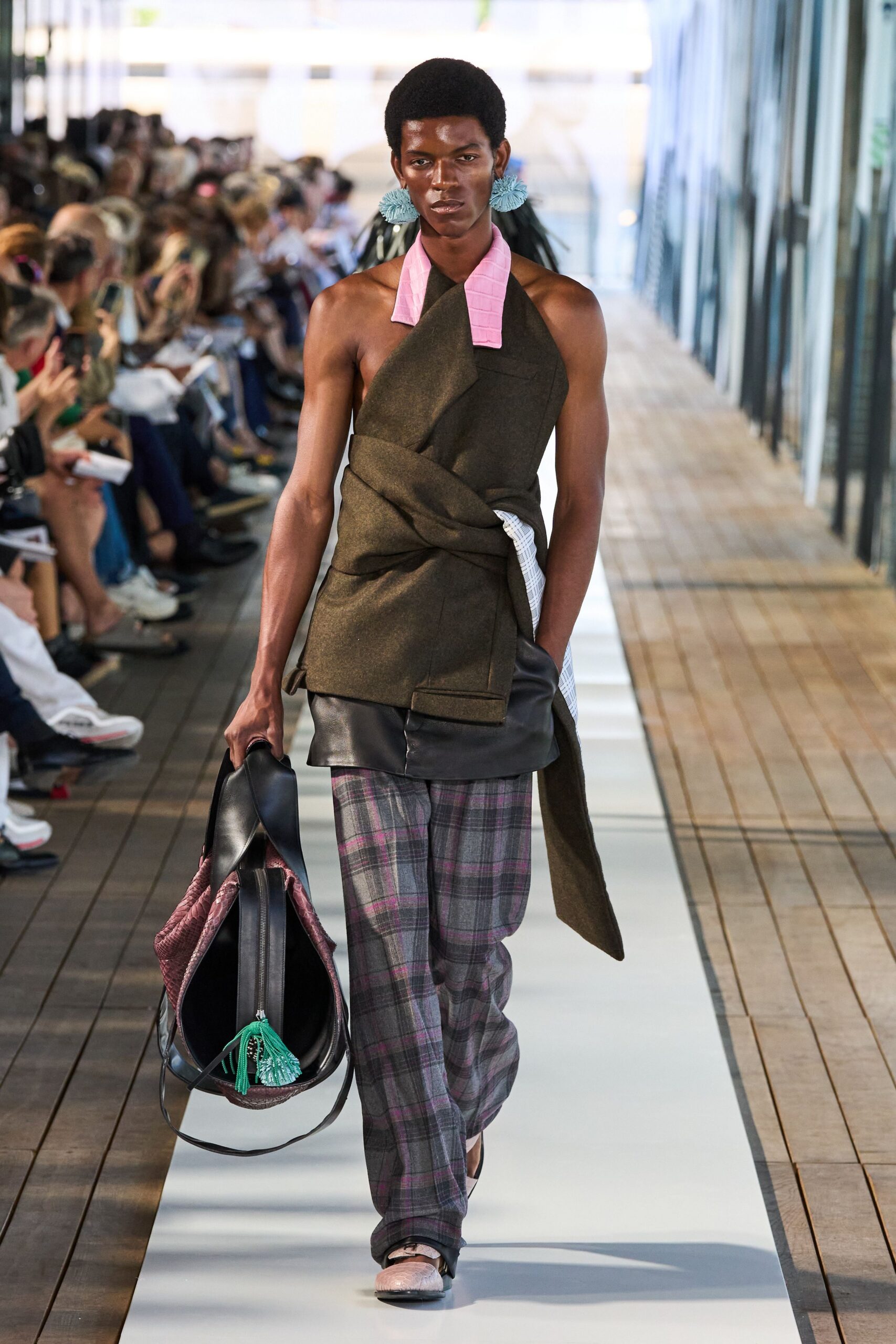 green fitted top with checked pants