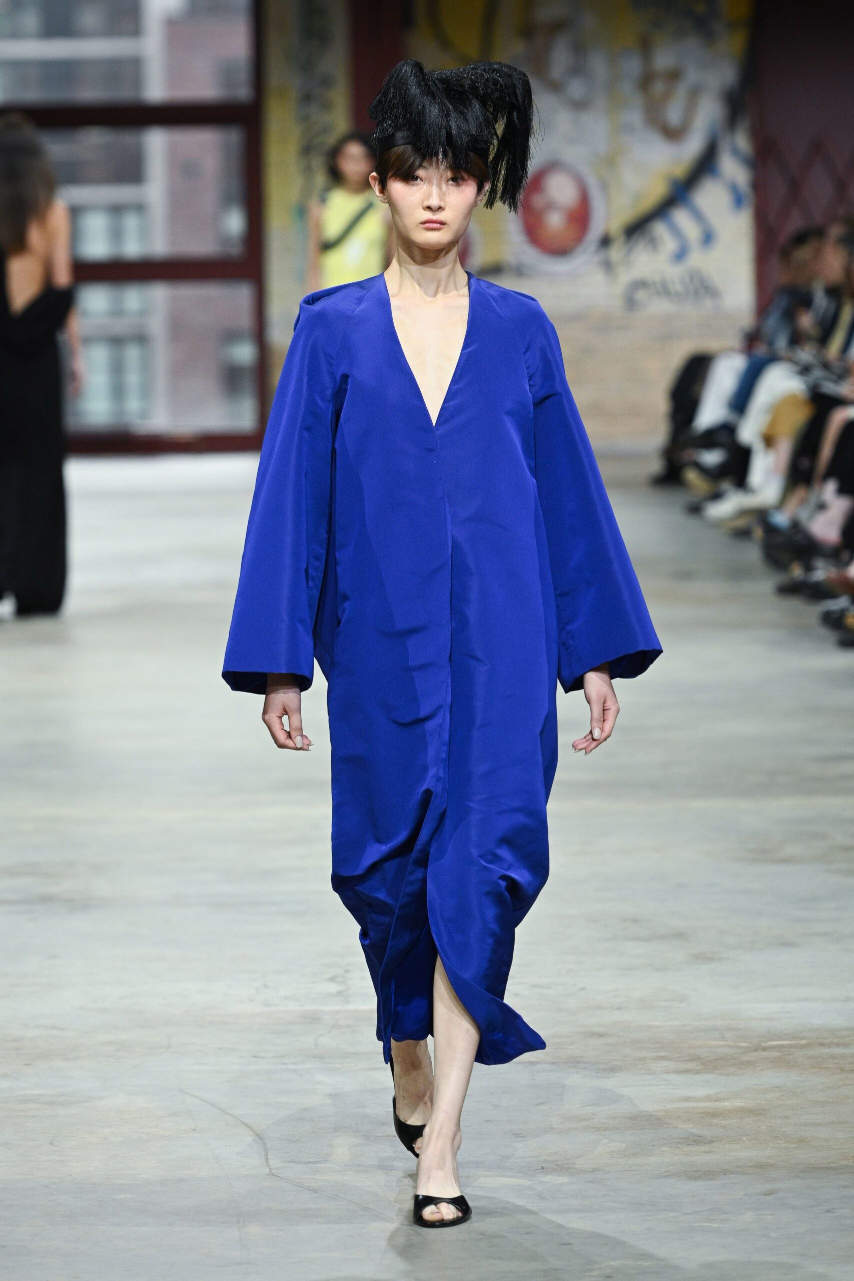blue silk long-sleeve v-neck relaxed draped midi dress
