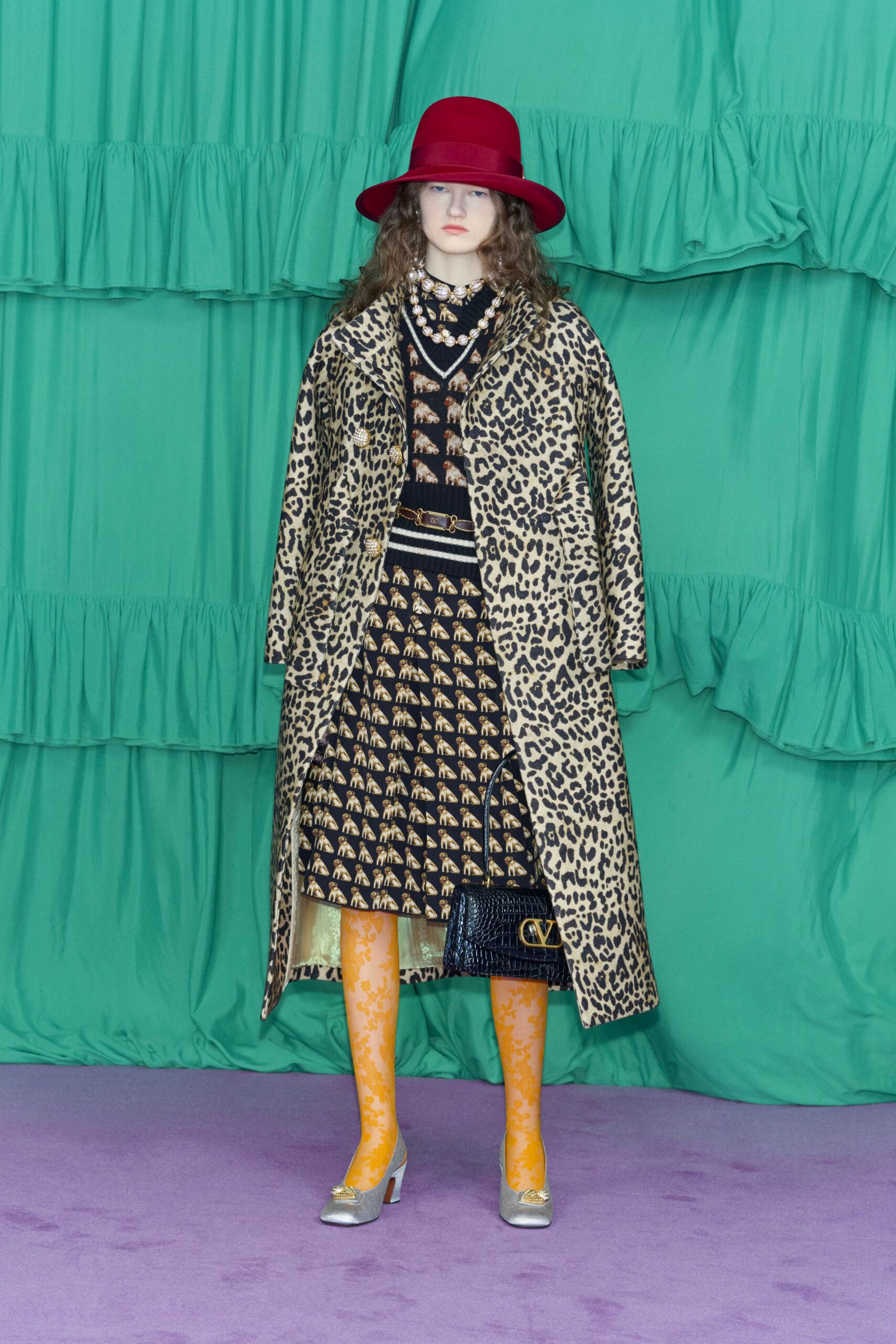 beige fur long-sleeve relaxed animal-print maxi coat