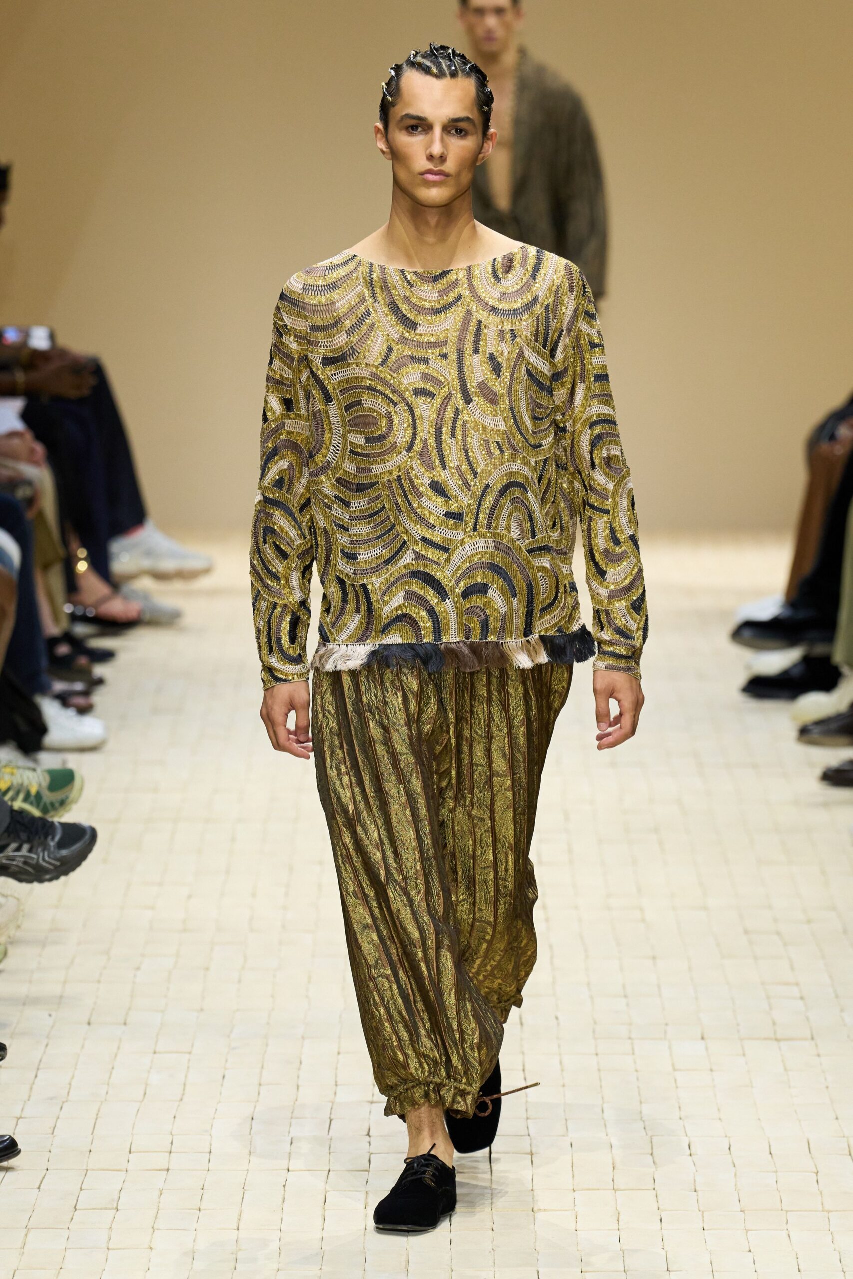gold silk long-sleeve collared relaxed embroidered shiny top