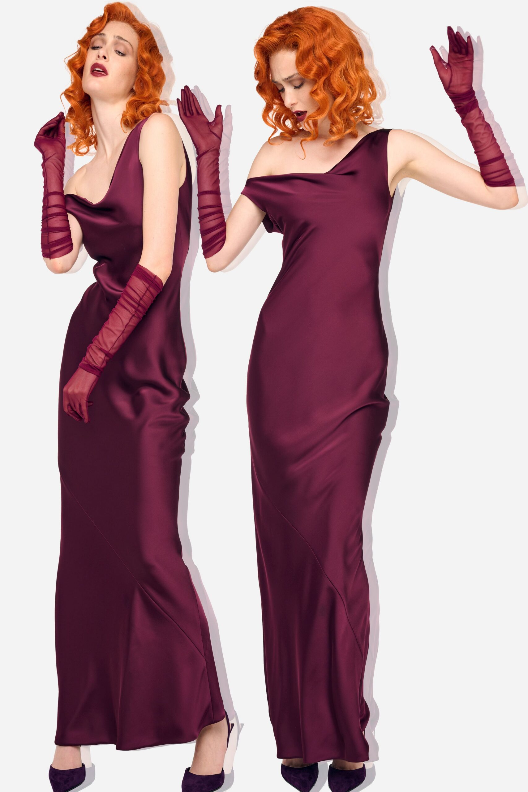 purple satin sleeveless off-shoulder fitted shiny maxi gown