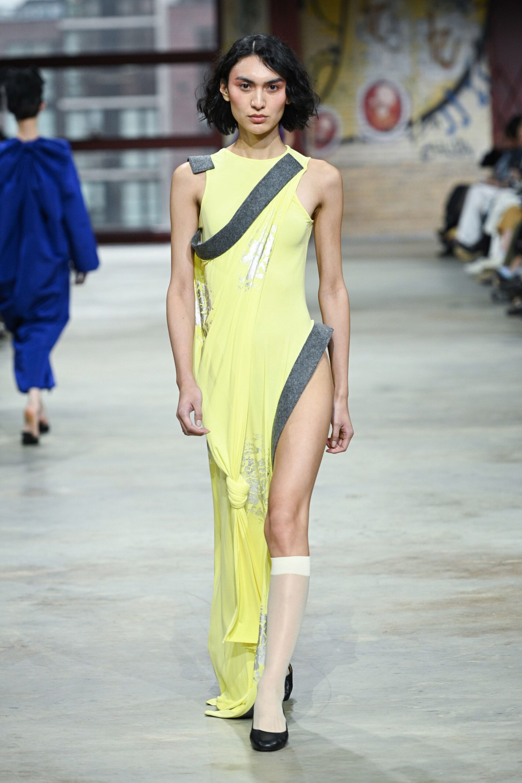 yellow silk sleeveless asymmetric fitted draped embroidered dress