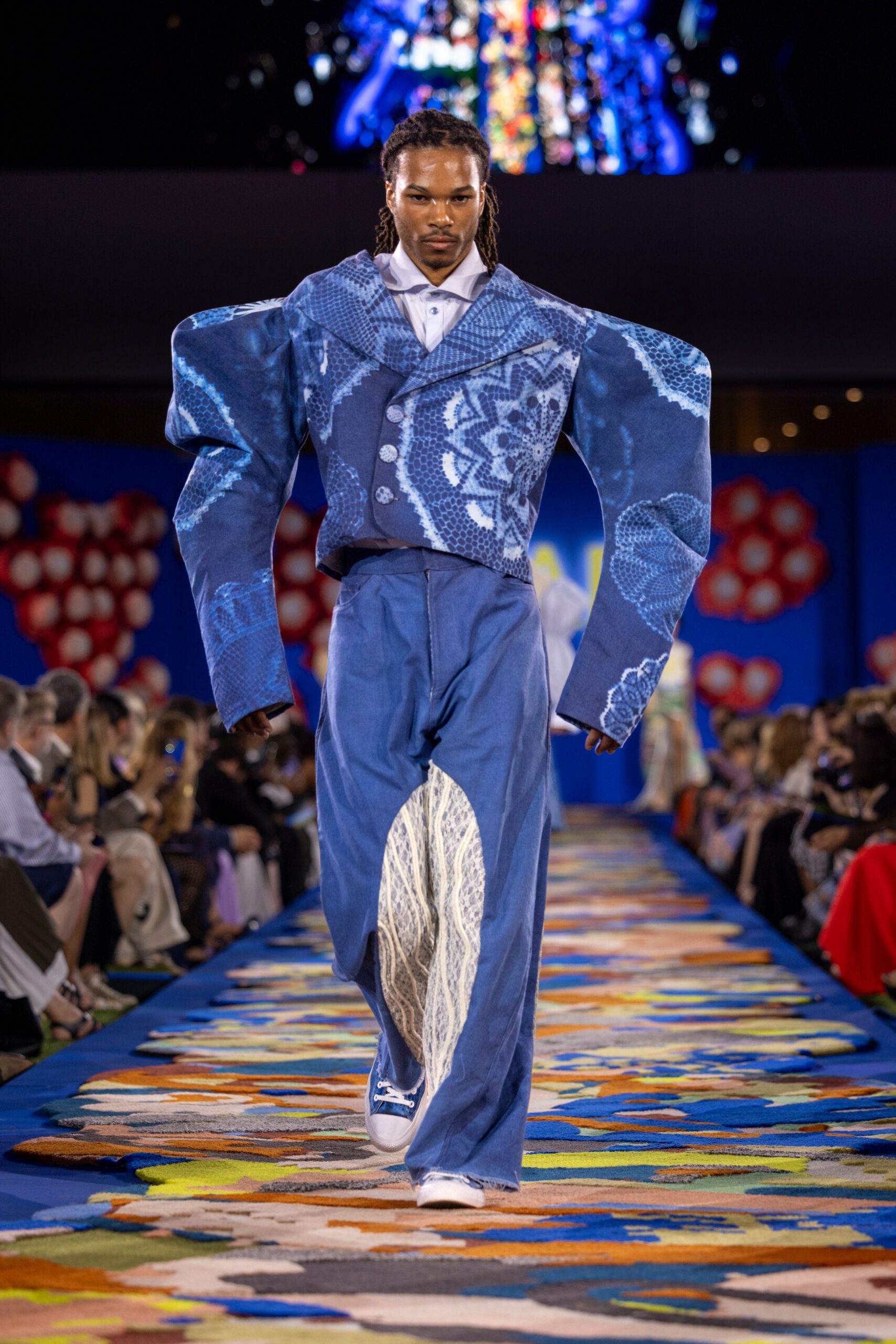 oversized blue denim jacket with flared pants