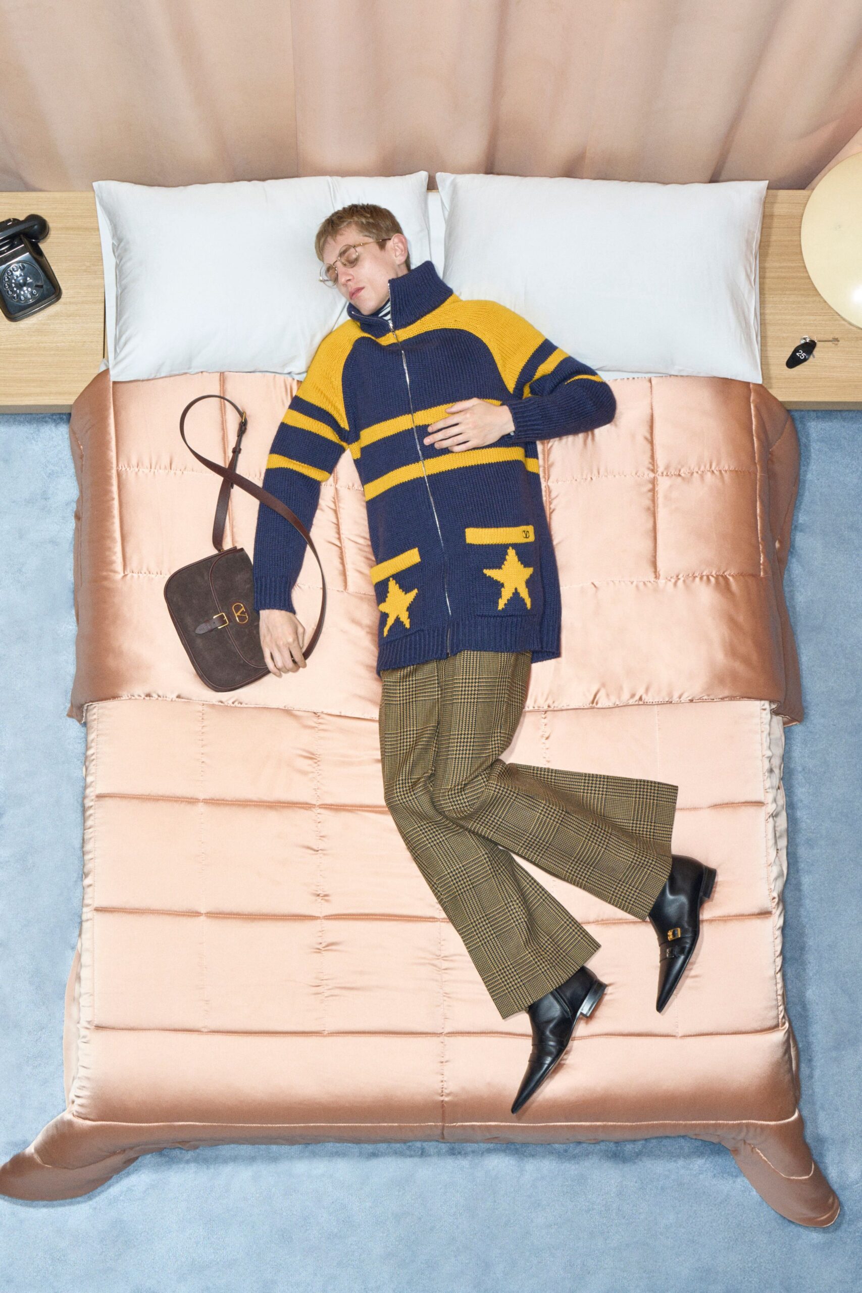 blue wool relaxed sweater with checked pants