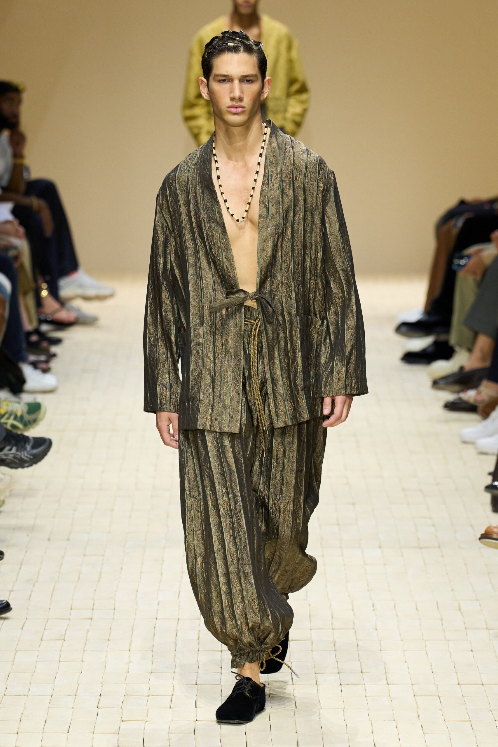 gold silk long-sleeve collared relaxed layered jacket