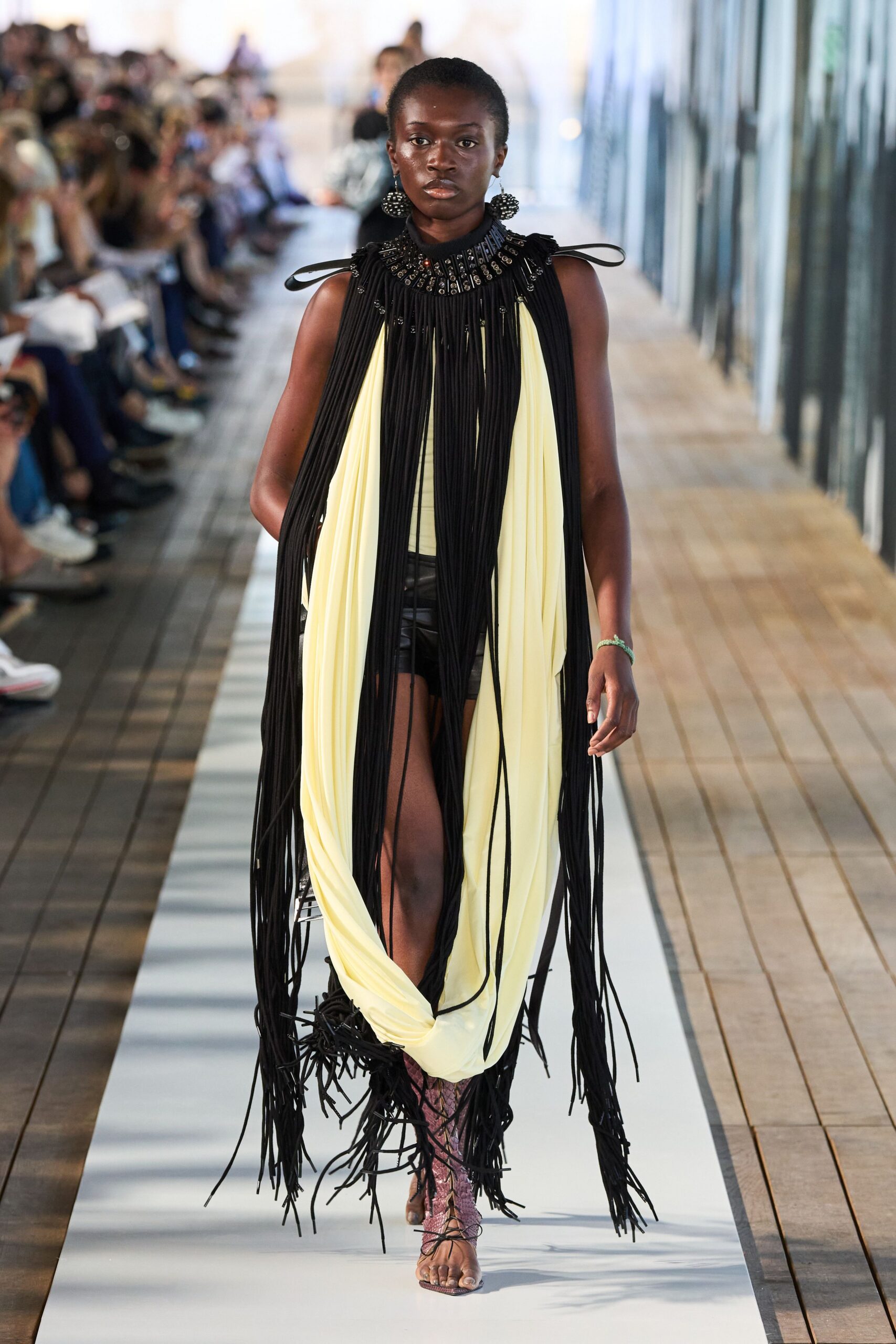 yellow cotton sleeveless fitted fringed maxi dress