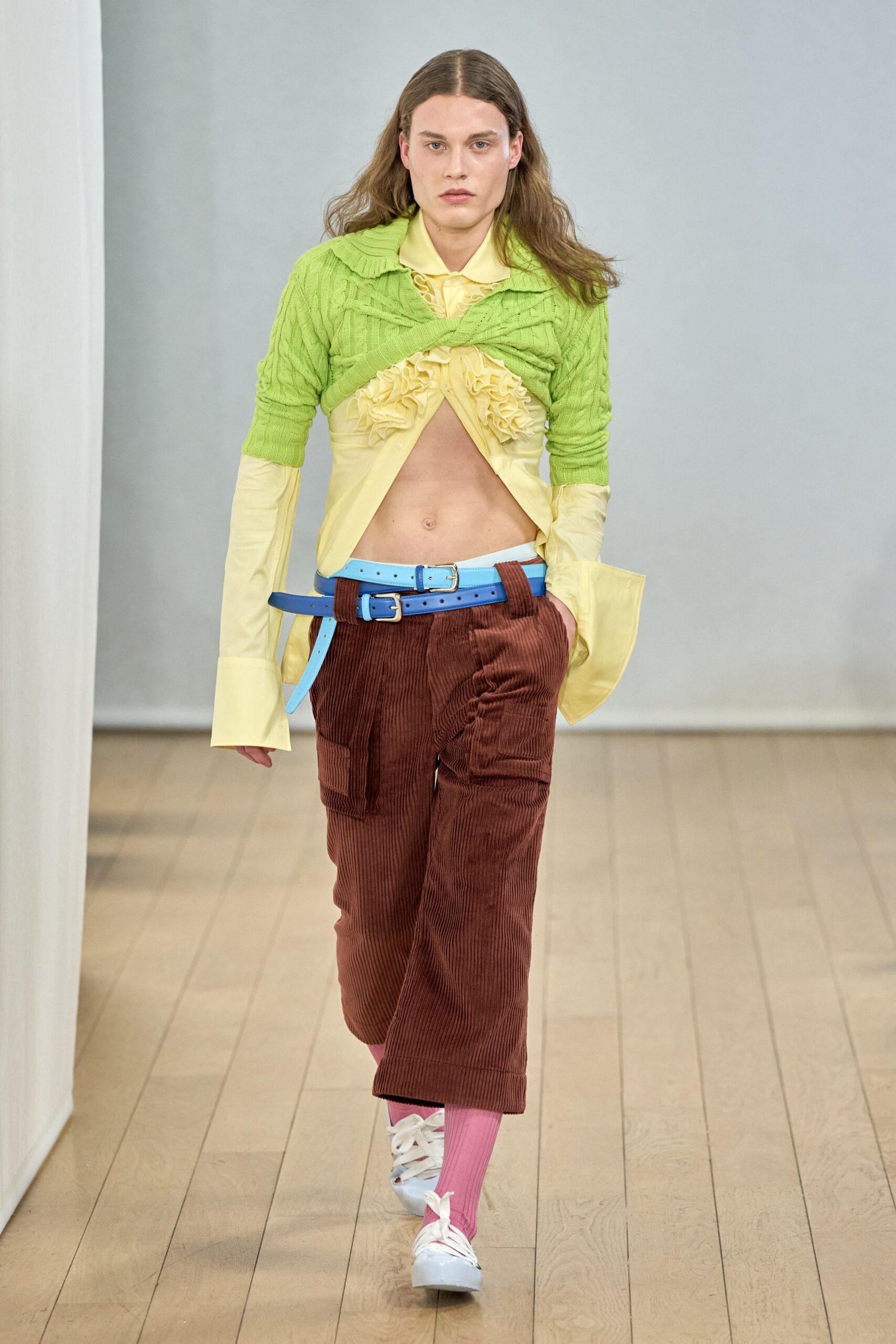 green yellow ruffled top with cargo pants