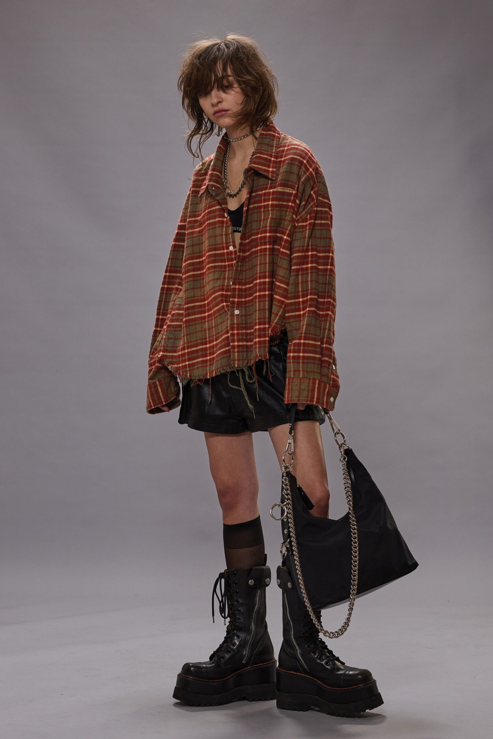 oversized plaid shirt with leather skirt
