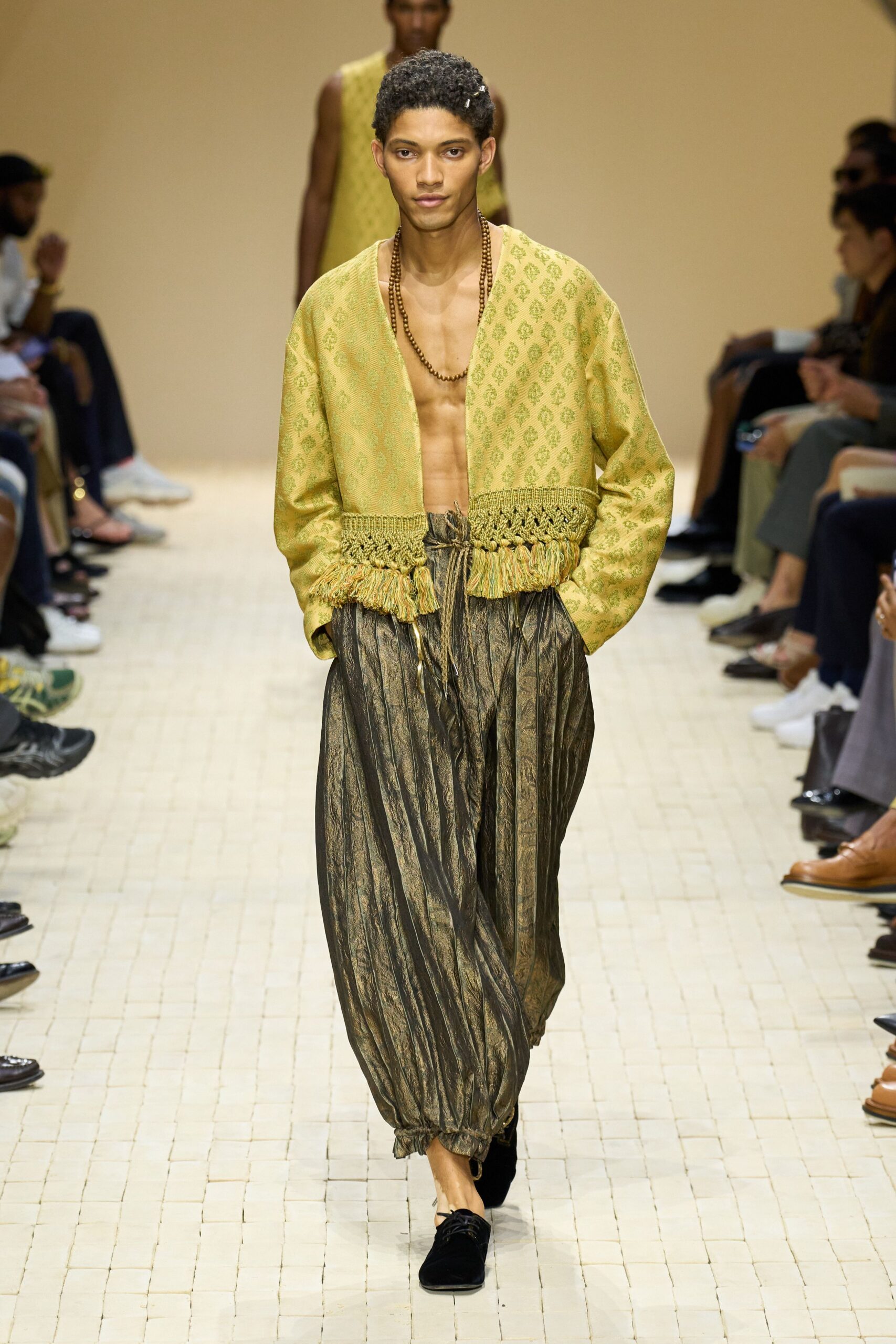 yellow silk long-sleeve collared relaxed embroidered jacket