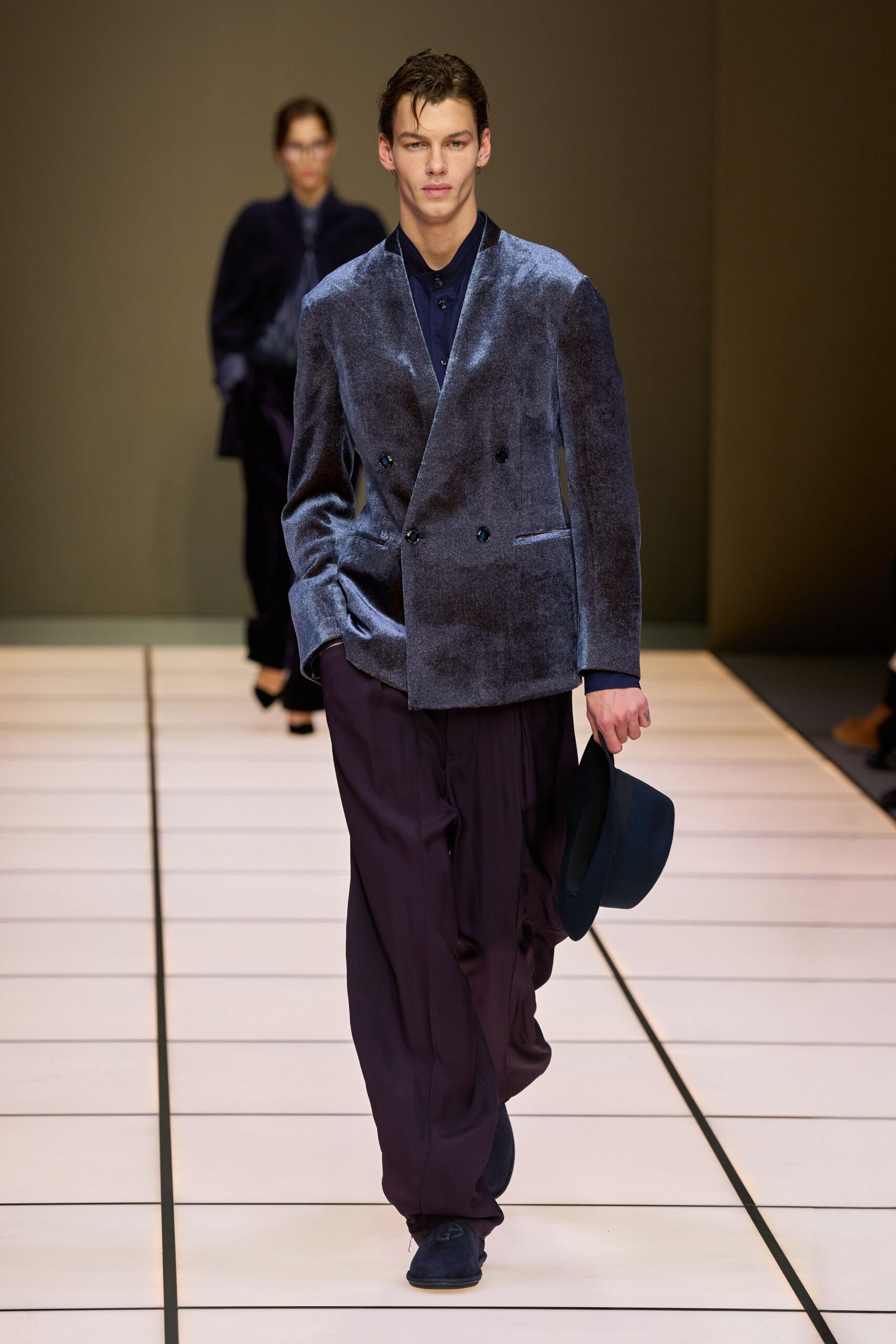 blue velvet blazer with relaxed pants