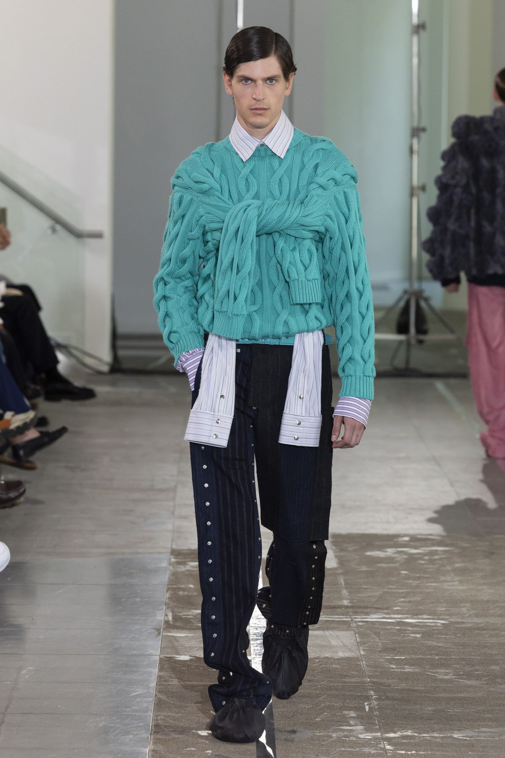 teal wool long-sleeve collared fitted sweater