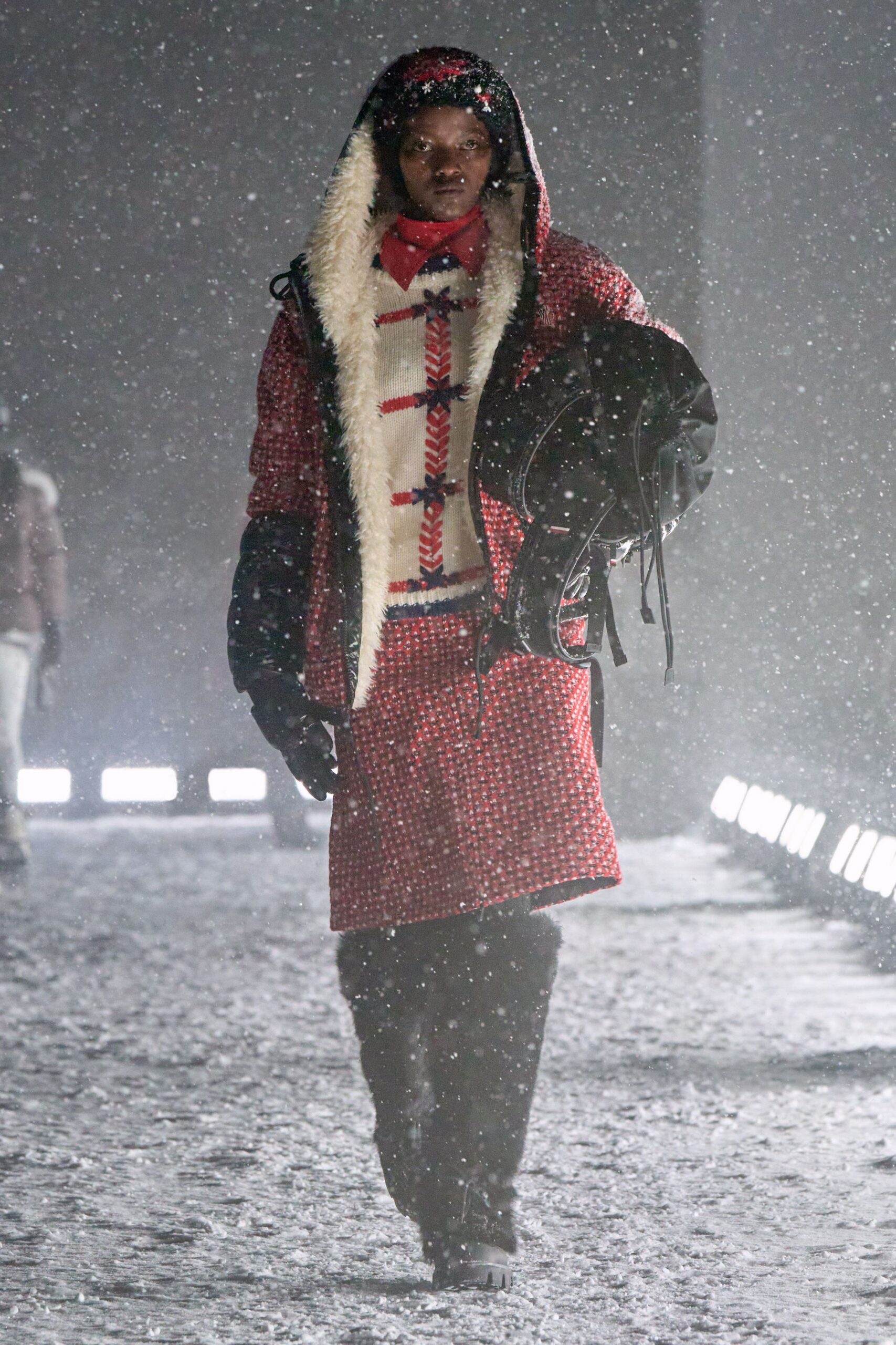 red checked coat with beige sweater