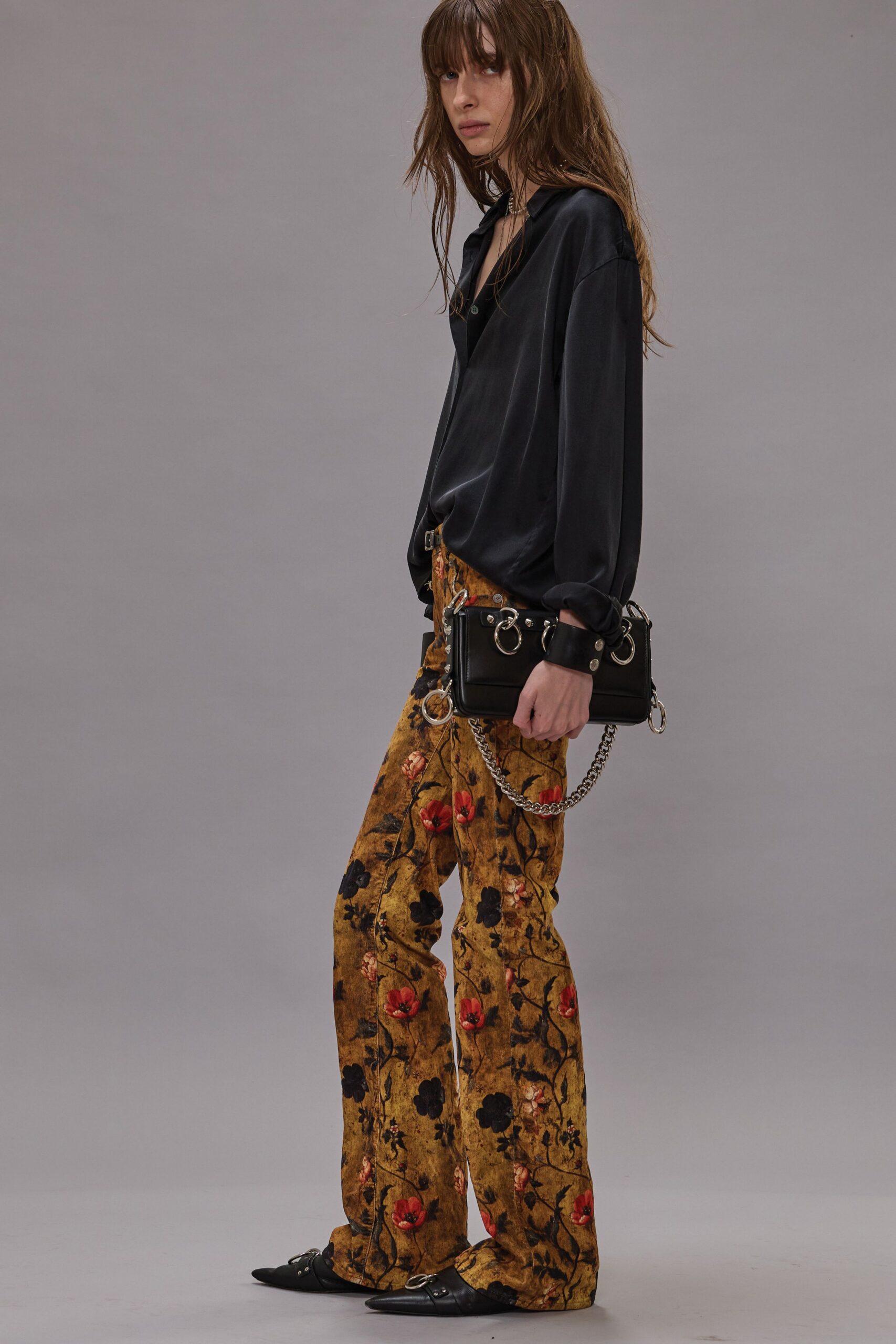 black silk shirt with flared pants