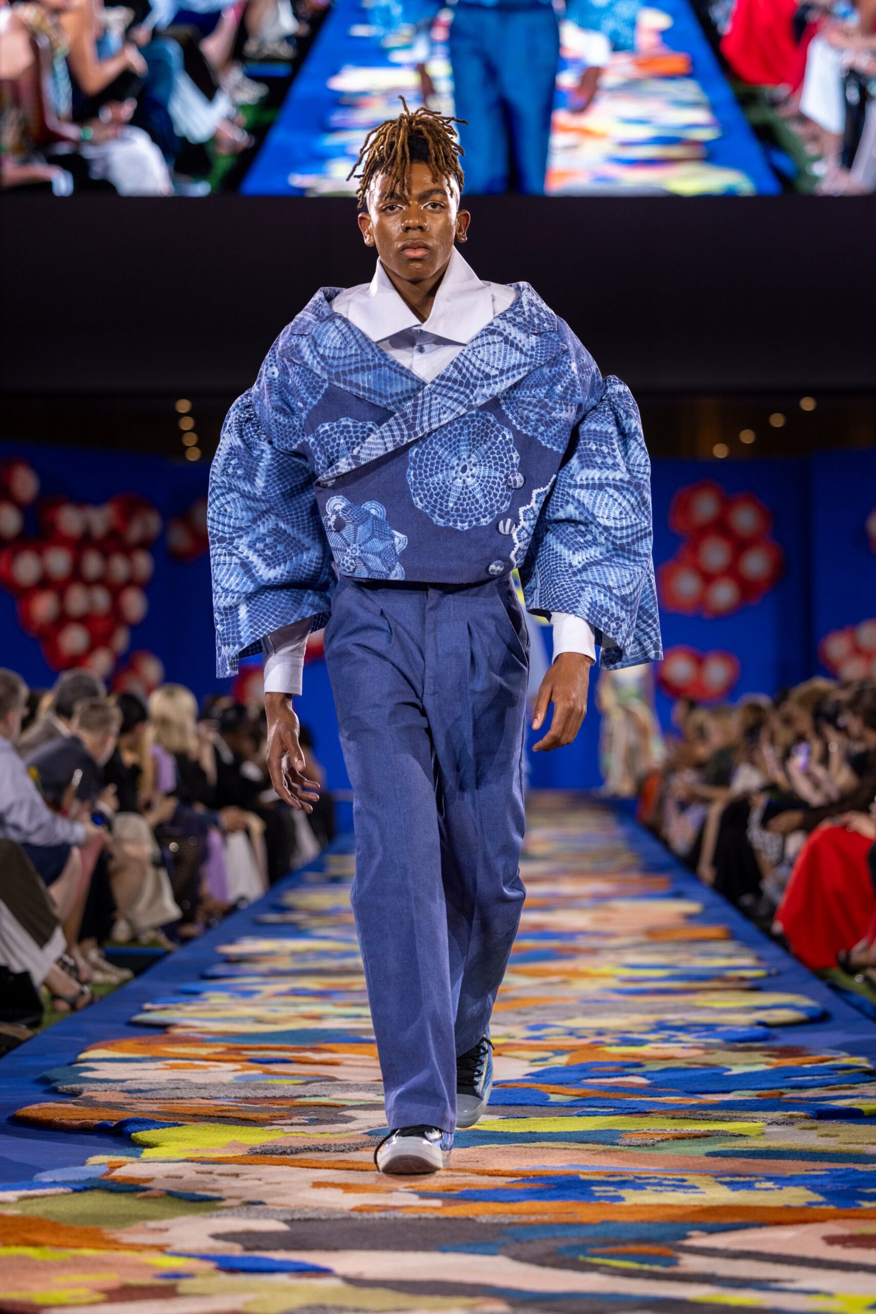 blue printed jacket with tailored pants