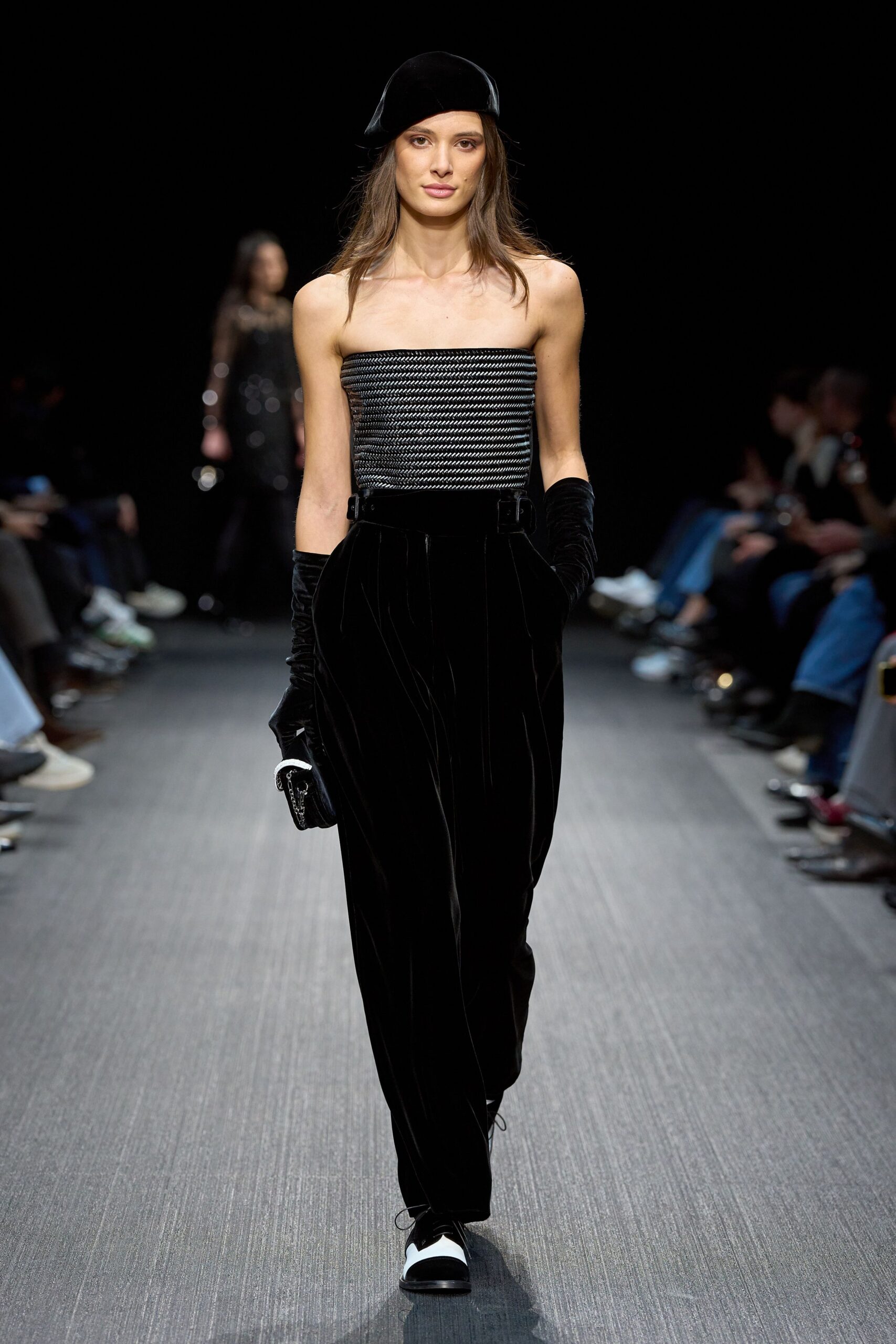 black silk strapless top with velvet pants