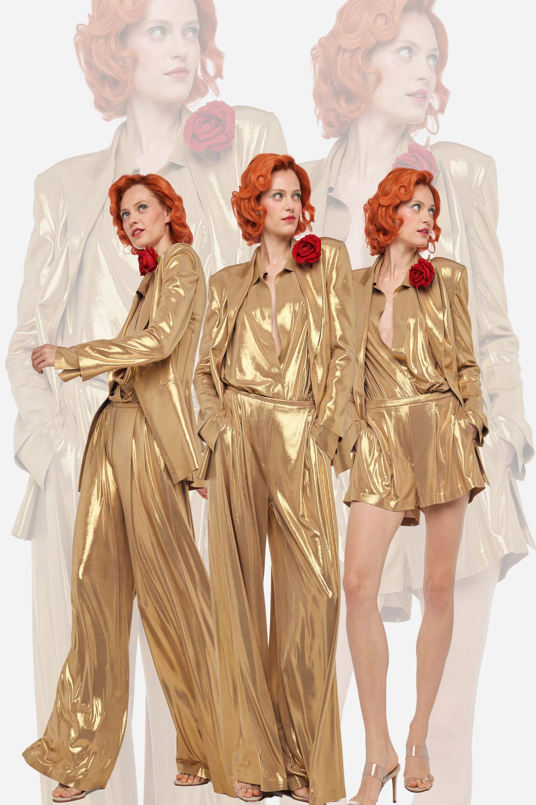 gold metallic long-sleeve v-neck structured buttoned shiny blazer