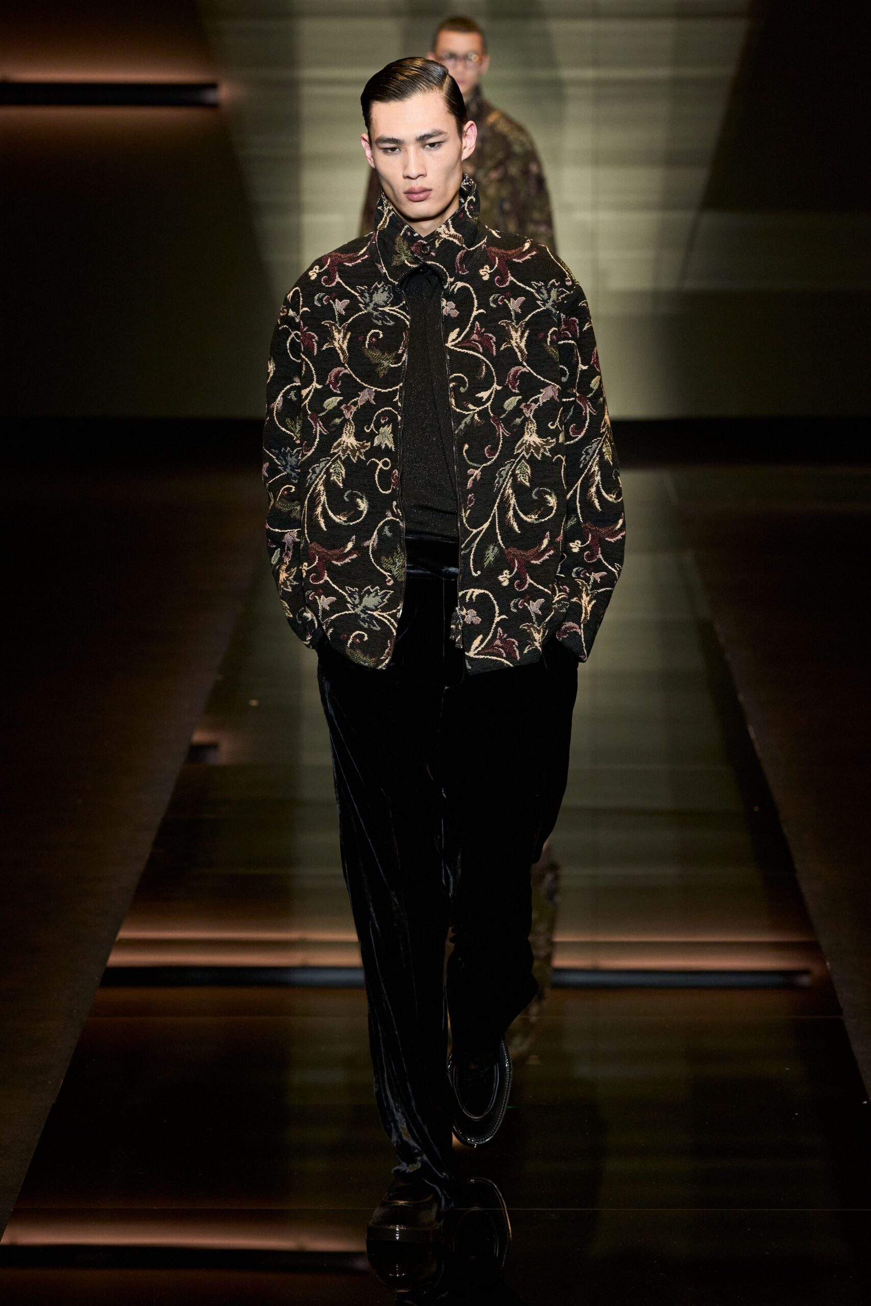 black embroidered jacket with fitted top