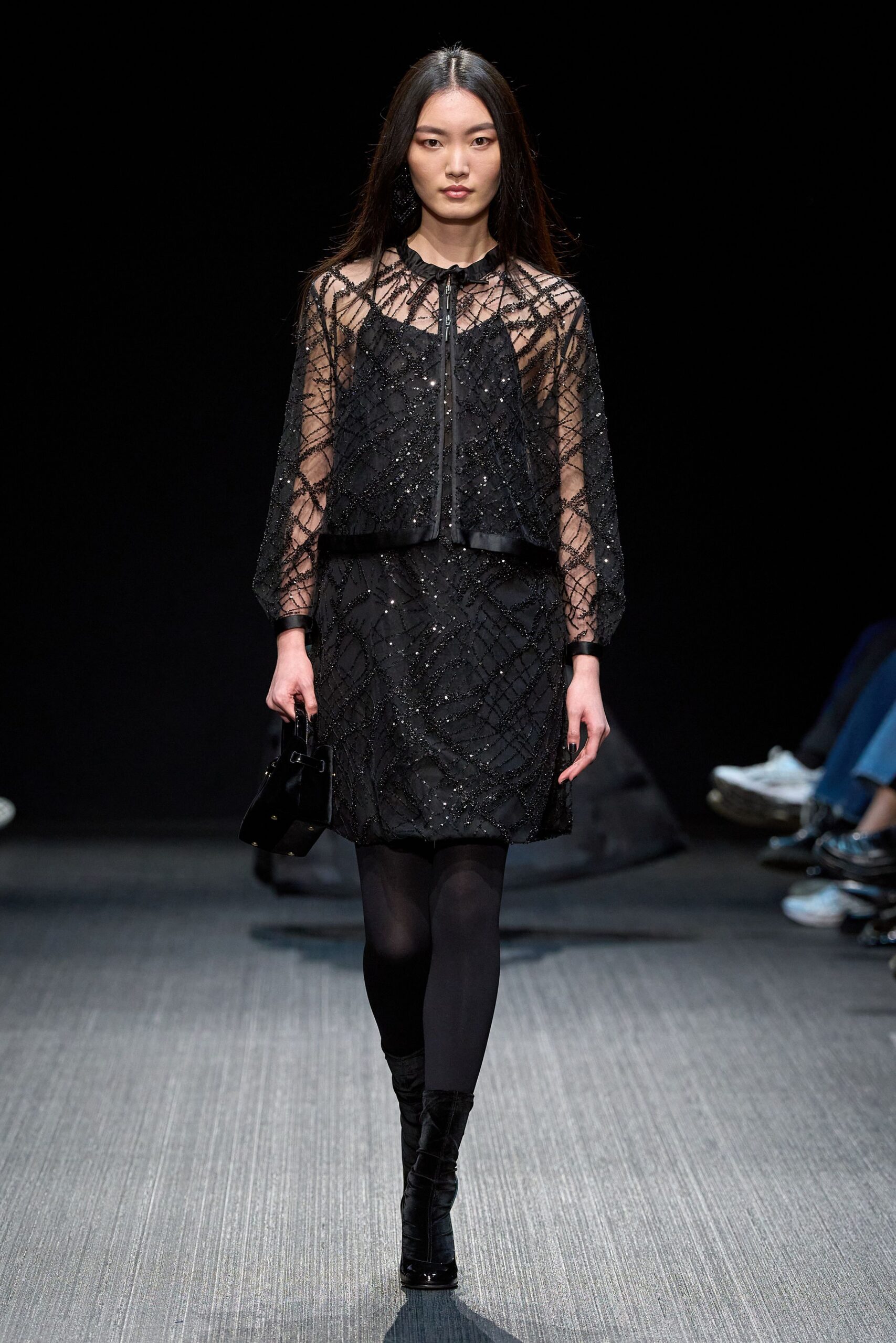 black silk long-sleeve collared fitted embroidered tiered dress