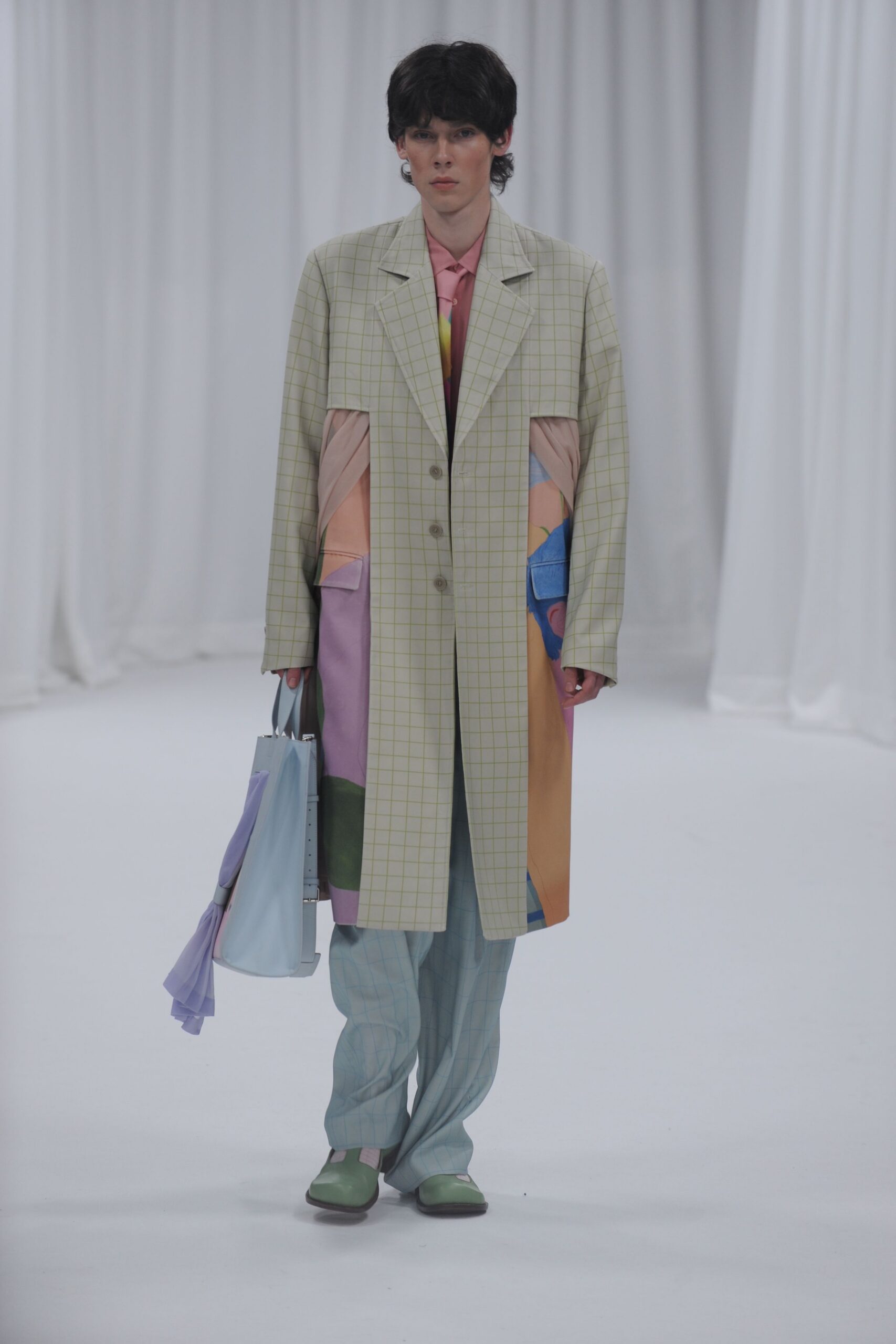 beige color-blocked coat with pink shirt