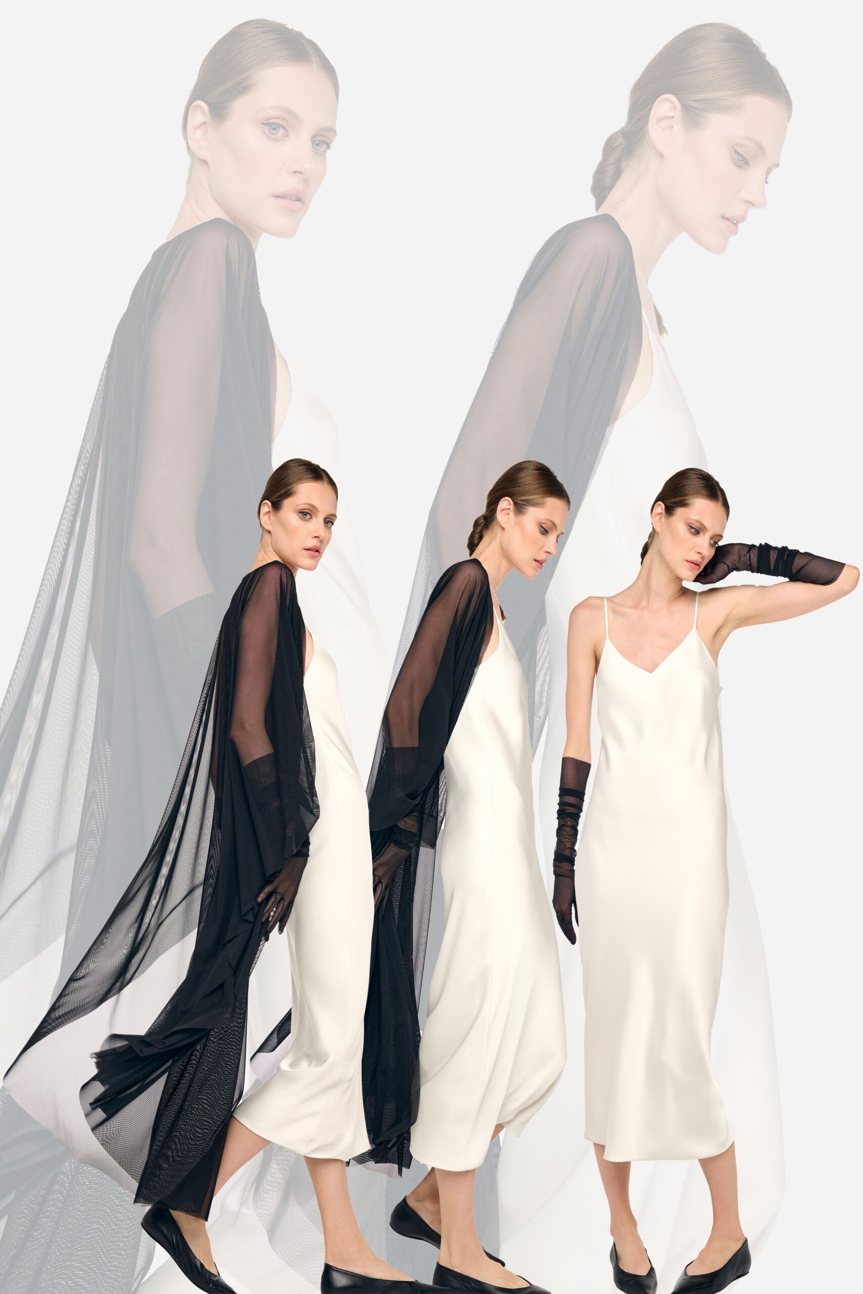 white silk midi dress with black cape