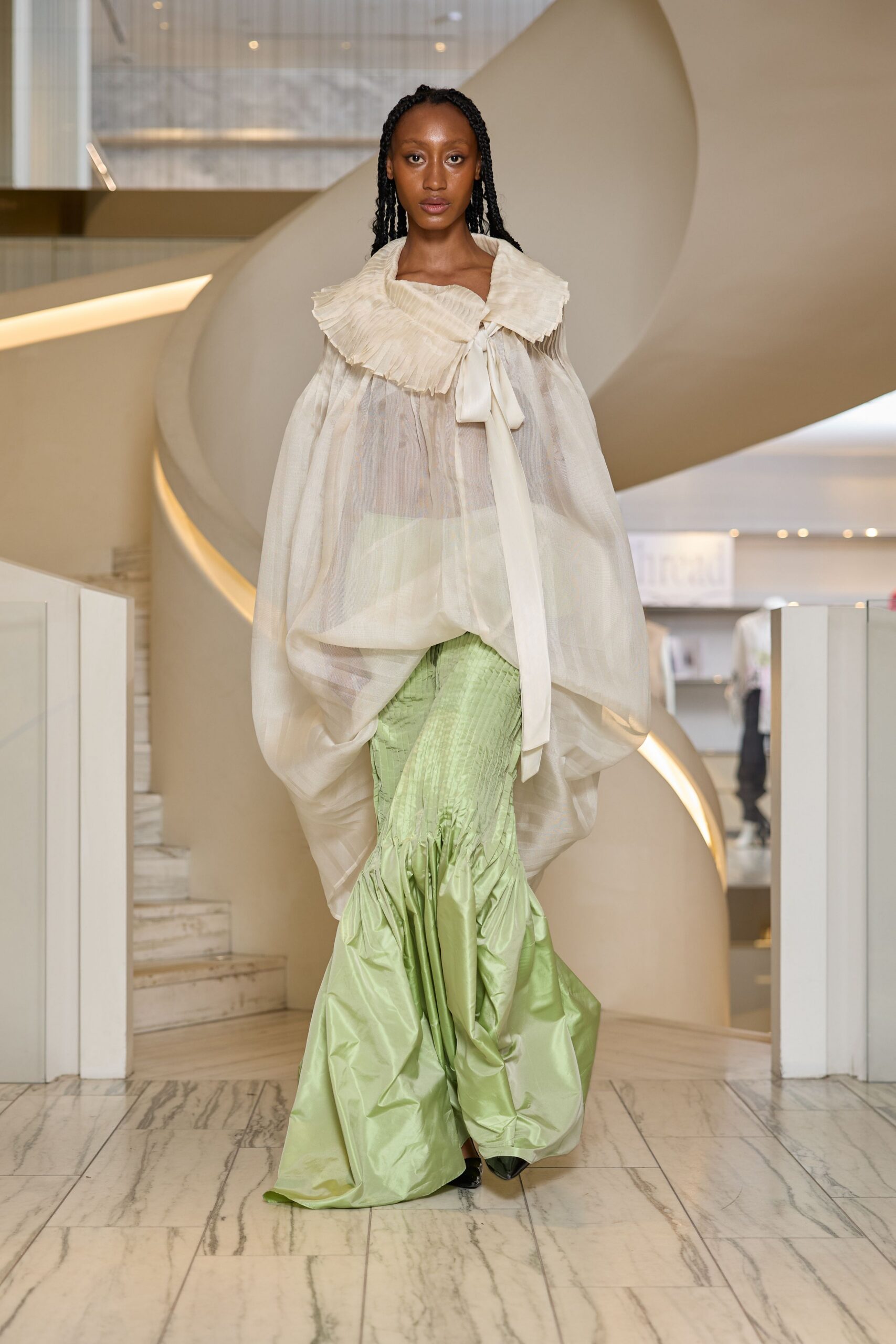 green silk fitted flared skirt