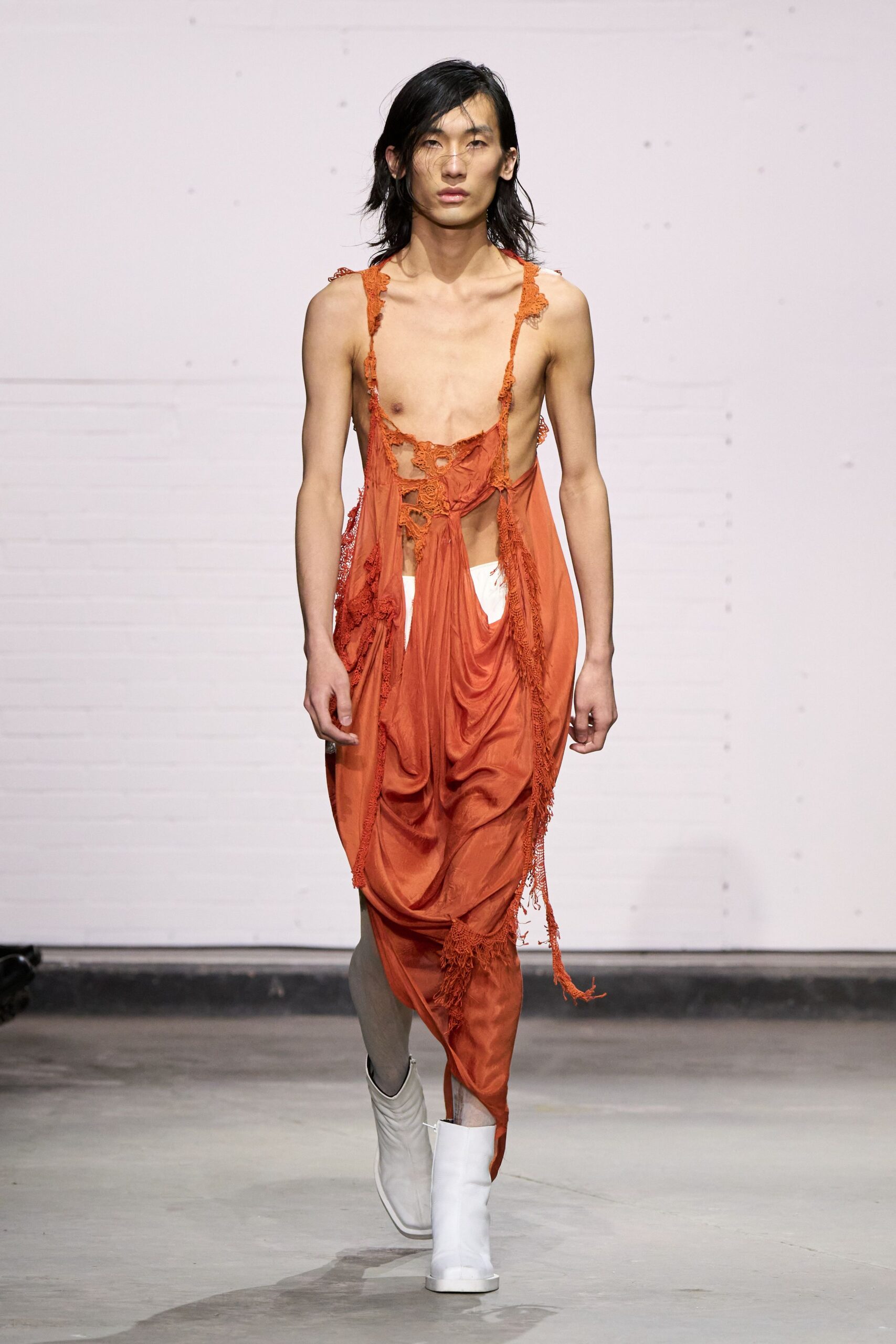 orange silk sleeveless v-neck fitted draped fringed dress