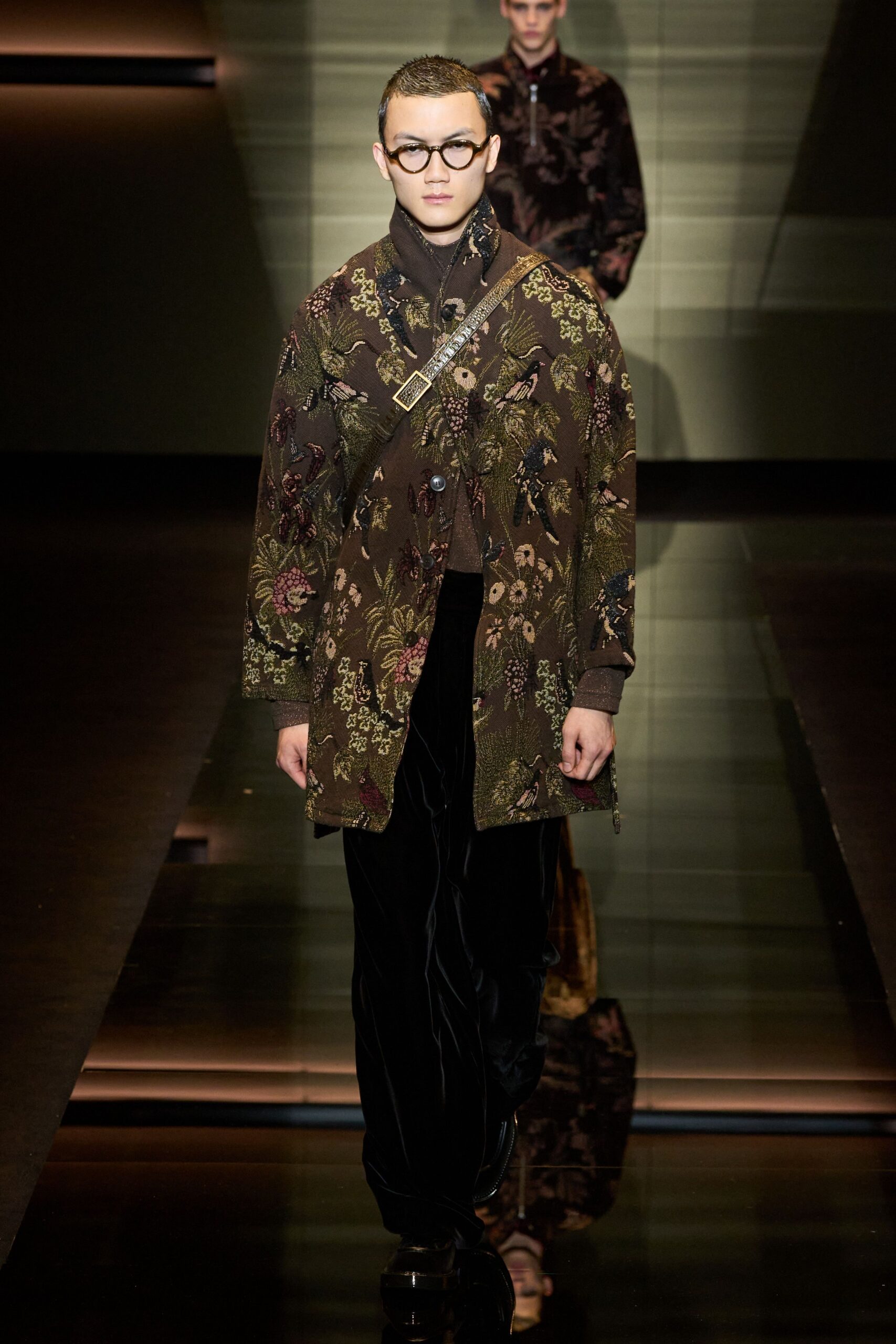 floral embroidered jacket with velvet pants