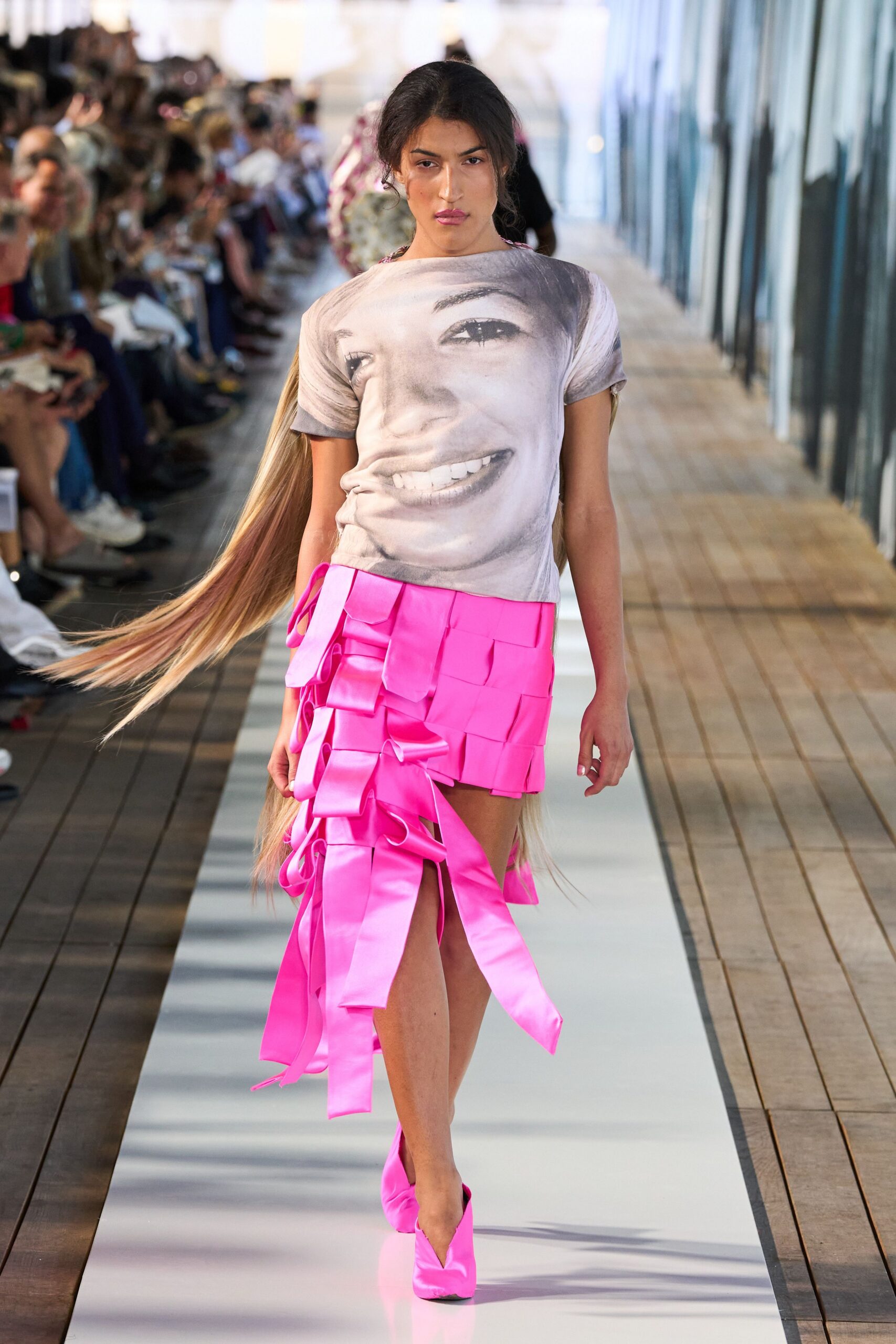 pink silk asymmetric fitted pleated mini skirt