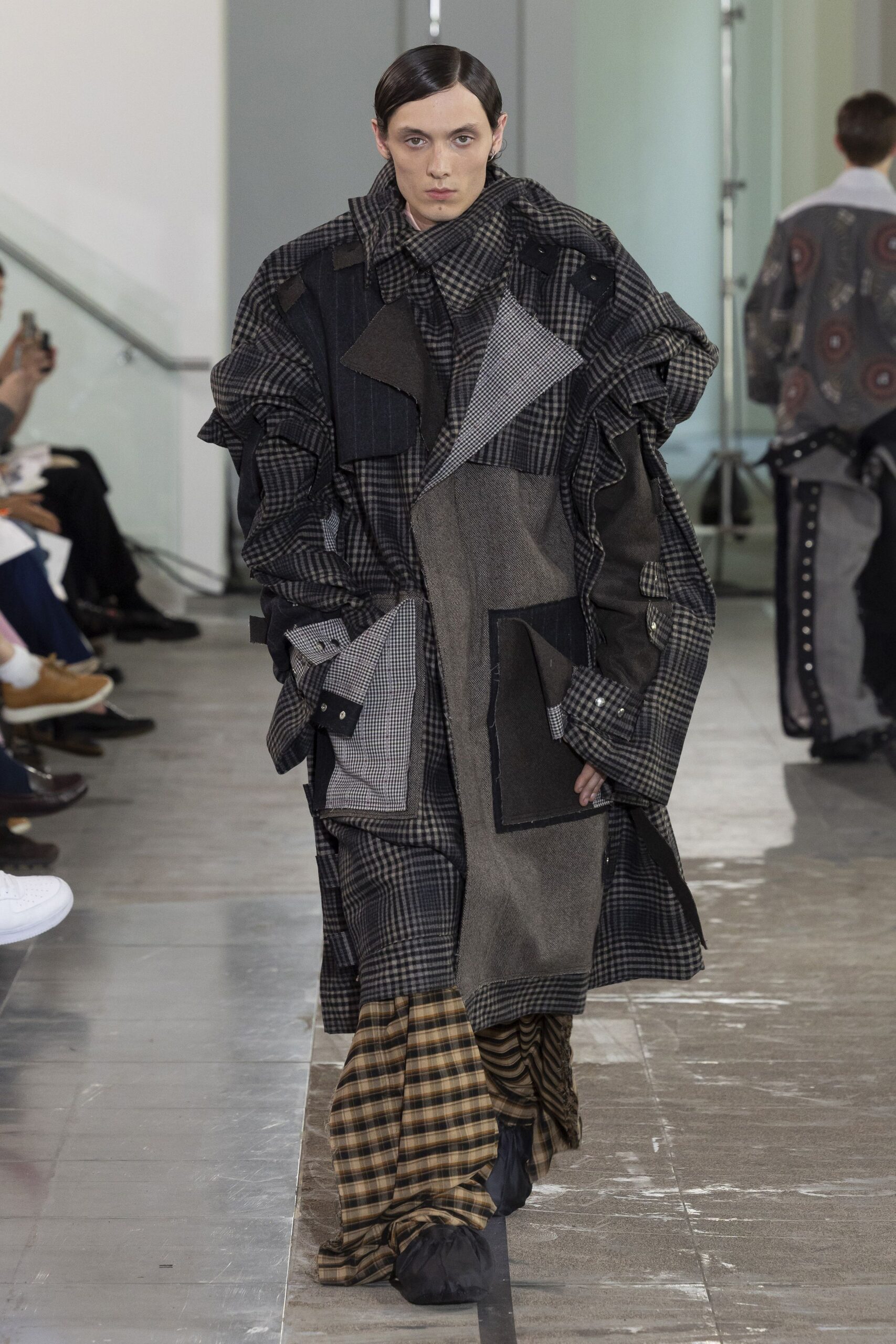 oversized patchwork coat with checked pants