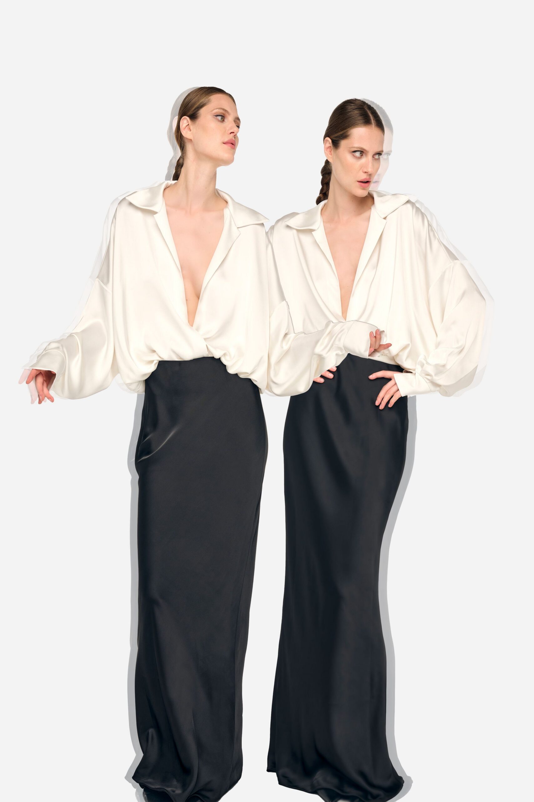 white silk blouse and black maxi skirt