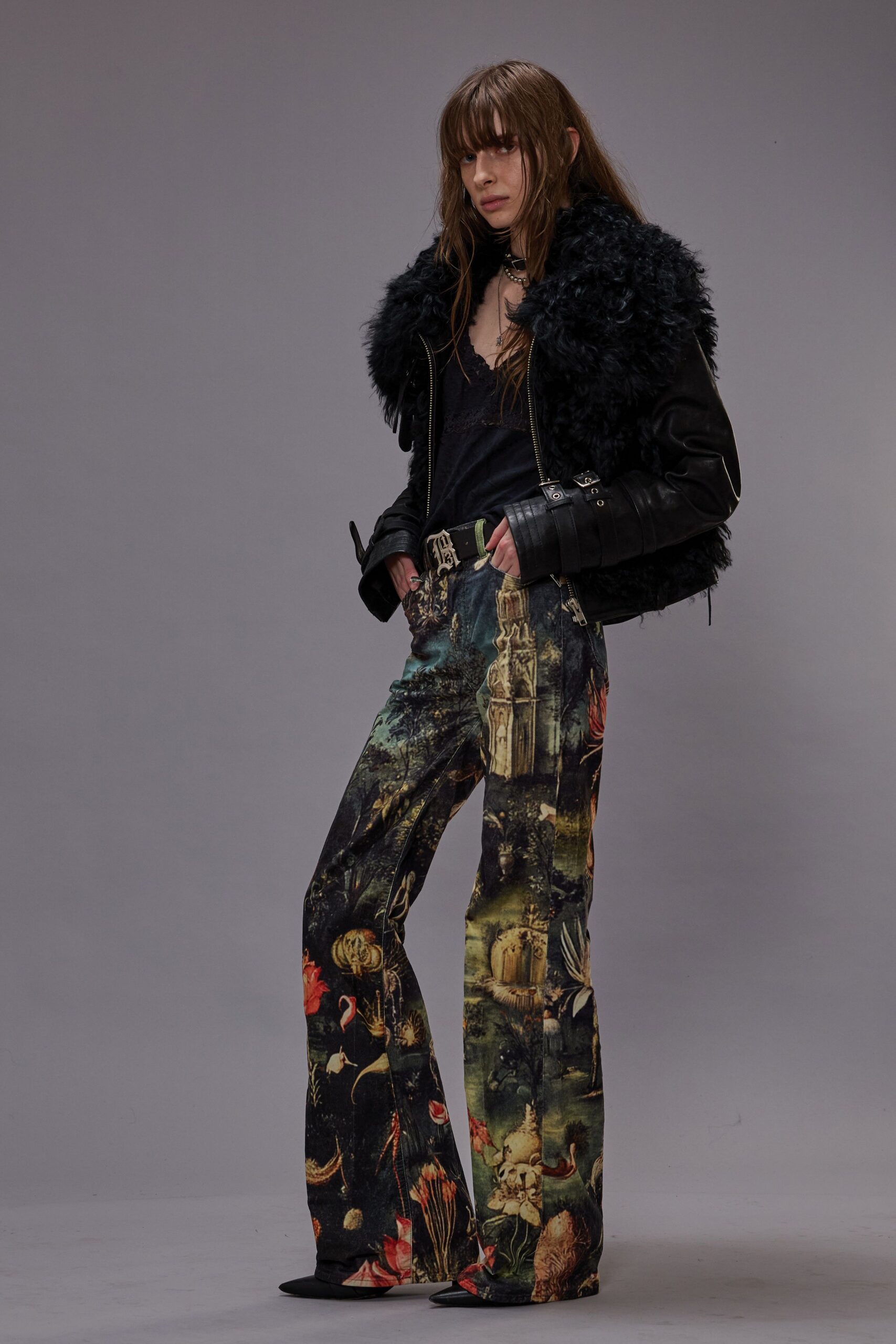 black fur jacket with printed pants